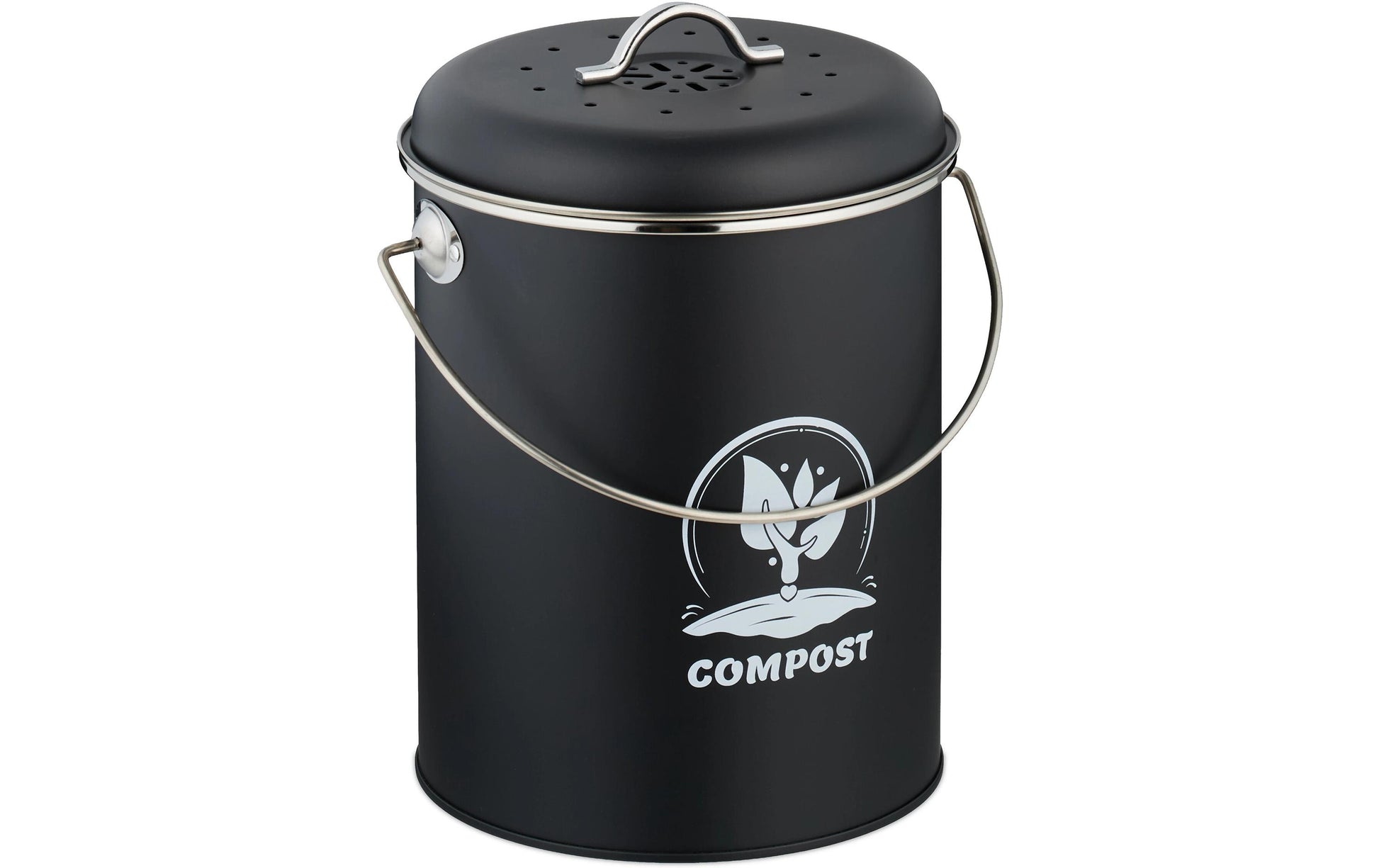 Relaxdays Komposteimer – 5,5 l – Eisen, rund – silber/schwarz – mit Filter