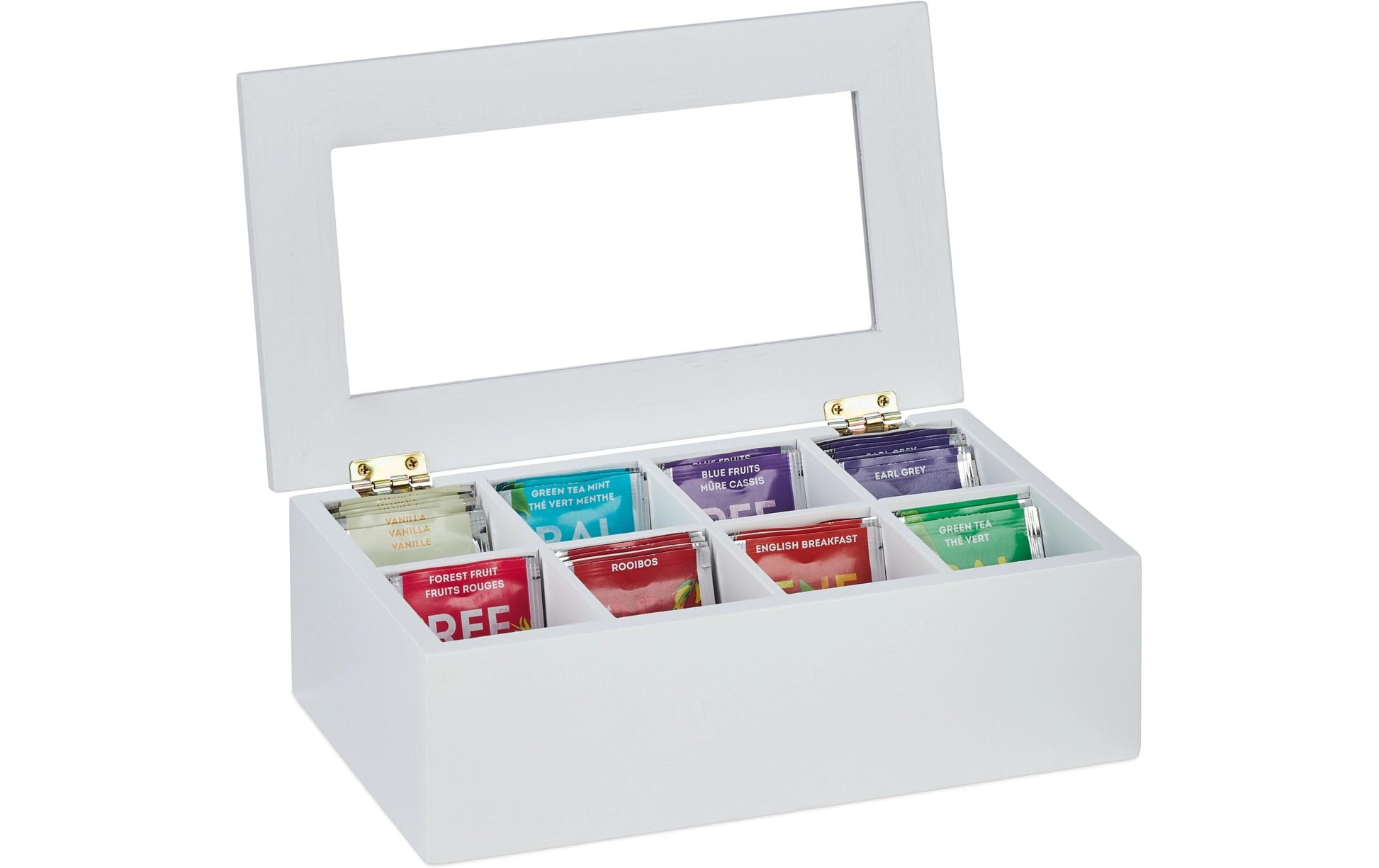 Relaxdays Teebeutelbox Bambus/Kunststoff, 8 Fächer, 28 × 16 × 9 cm, Weiss