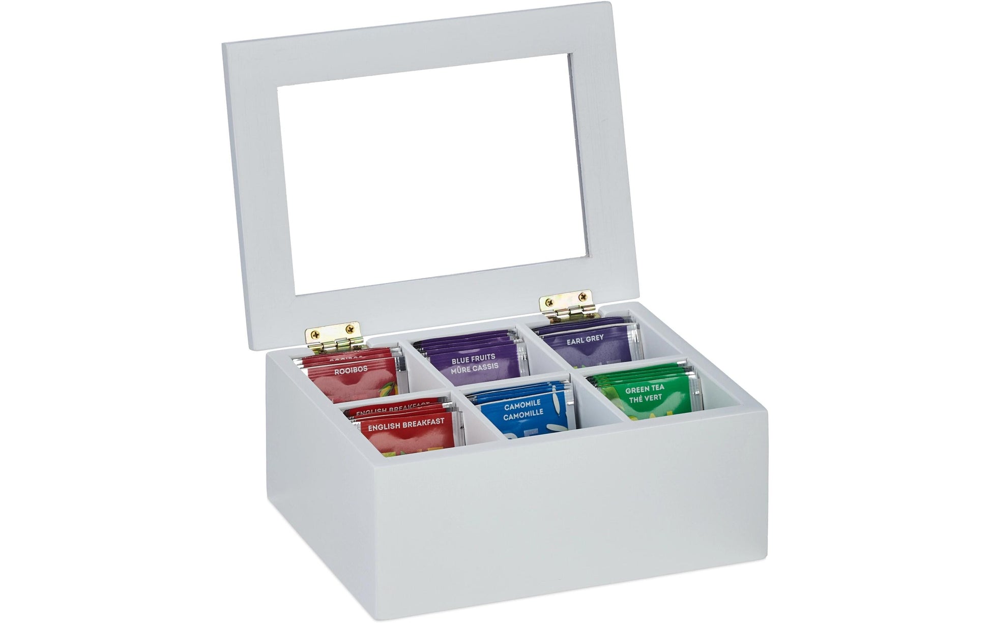 Relaxdays Teebeutelbox Bambus/Kunststoff, 6 Fächer, Weiss