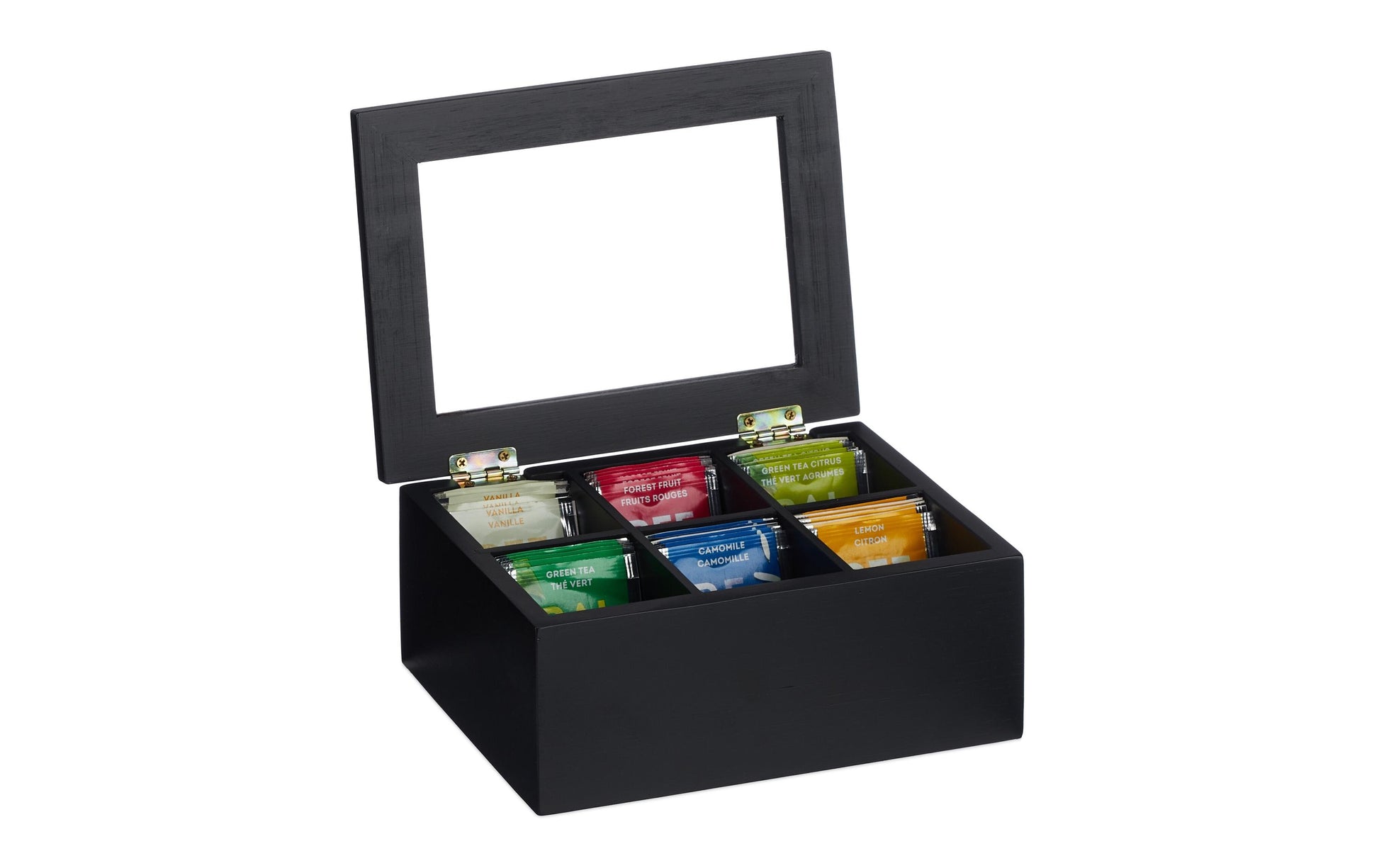 Relaxdays Teebeutelbox Bambus/Kunststoff, 6 Fächer, schwarz