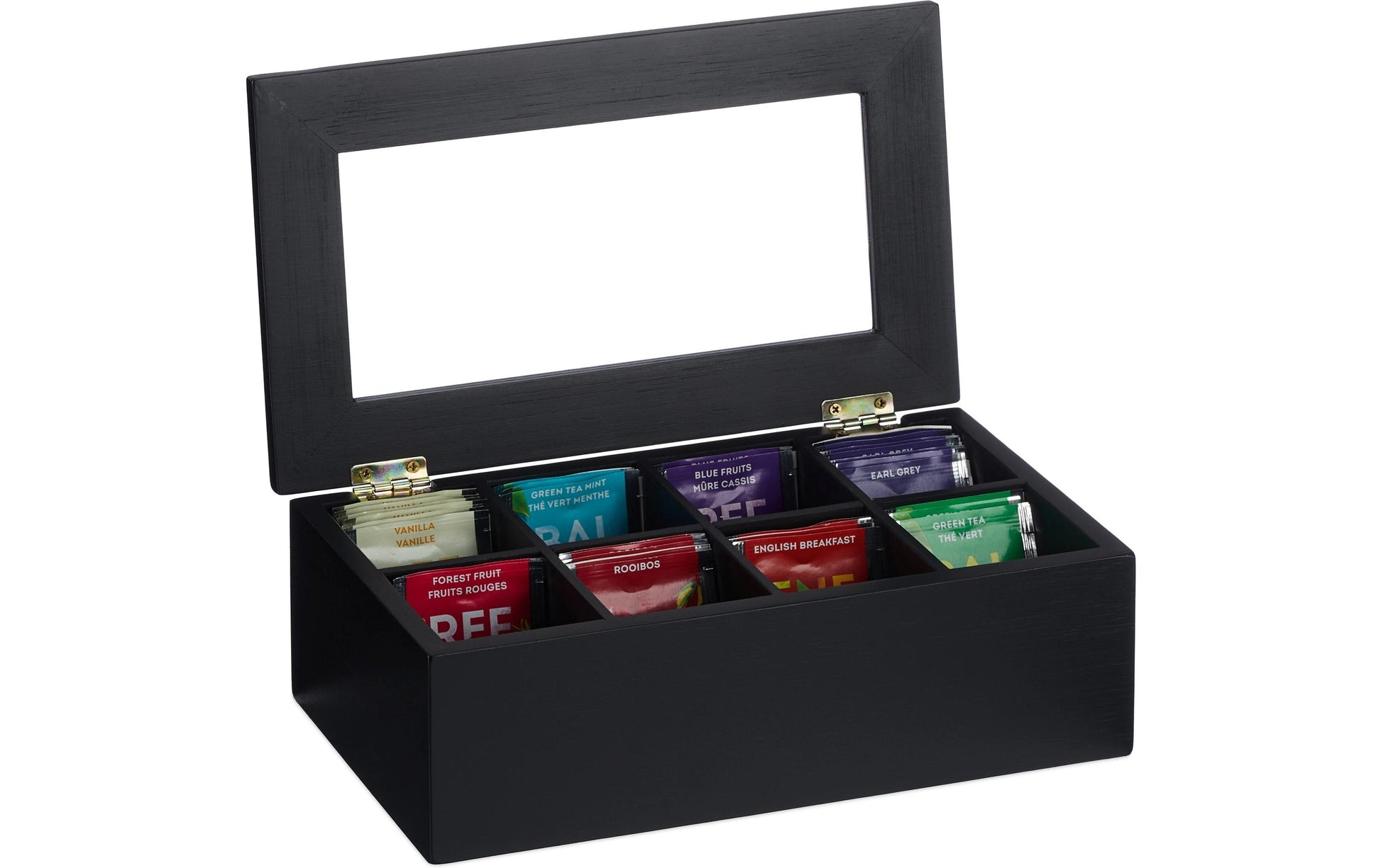 Relaxdays Teebeutelbox Bambus/Kunststoff, 8 Fächer, schwarz