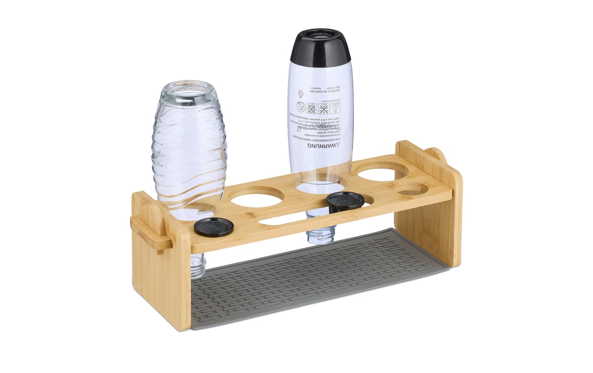 Relaxdays Abtropfgestell 43 × 14,5 × 14 cm, Bambus/Silikon, hellbraun, für 4 Flaschen