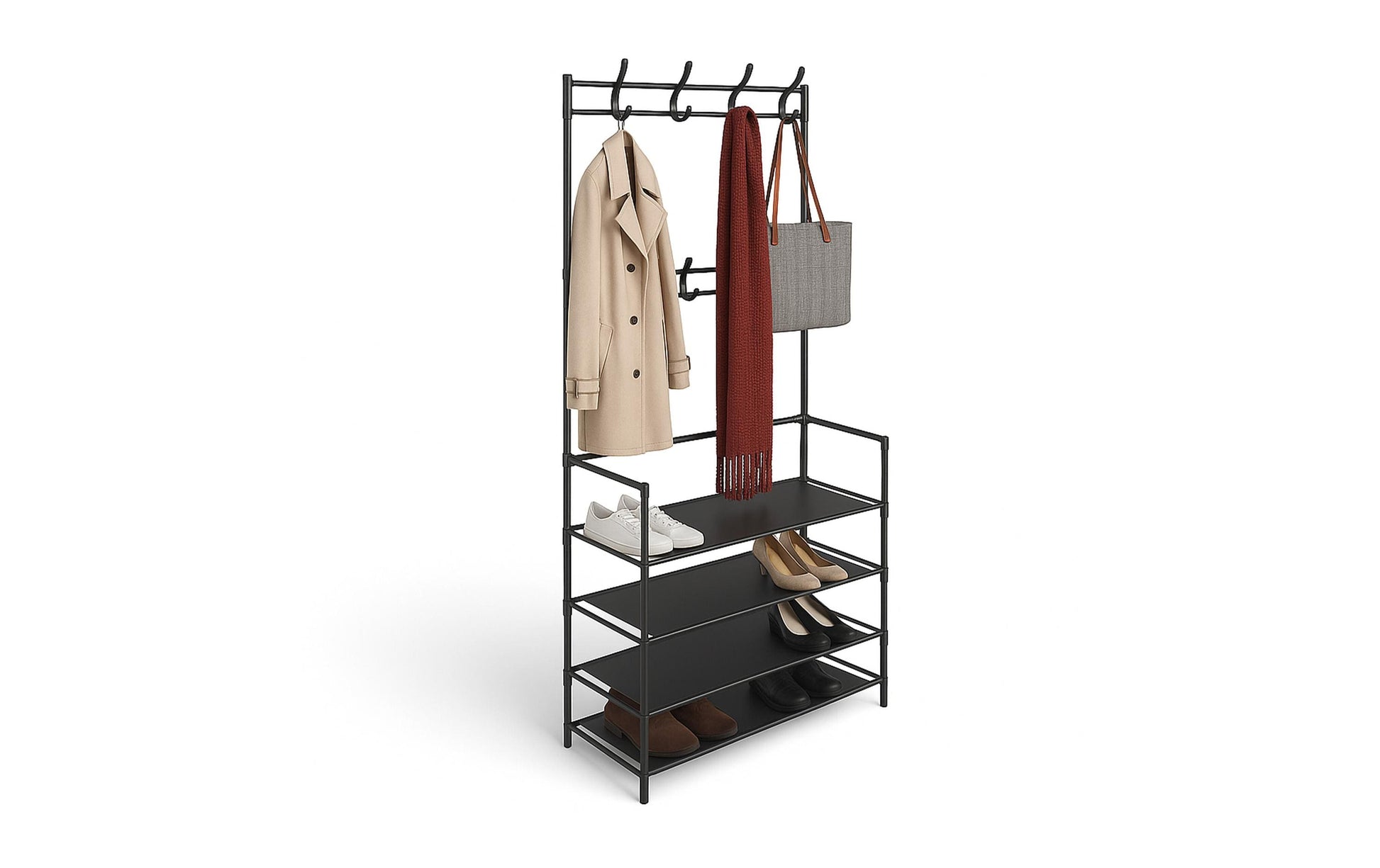 Relaxdays Garderobenständer – 8 Haken, mit Ablage, Stahl, Schwarz, 60 × 26 × 155 cm