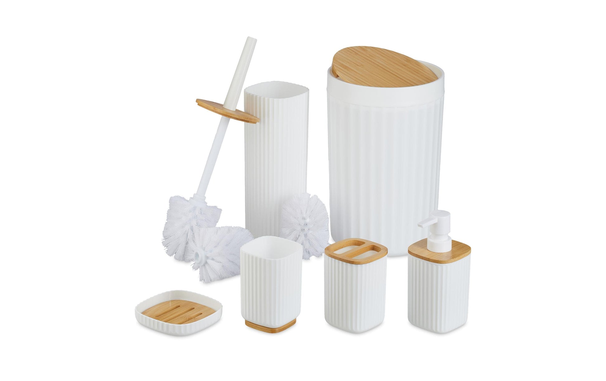 Relaxdays Badzubehör Set – Kunststoff (65%)/Kunststoff (20%)/Bambus (15%), freistehend, Weiss, 6er-Set