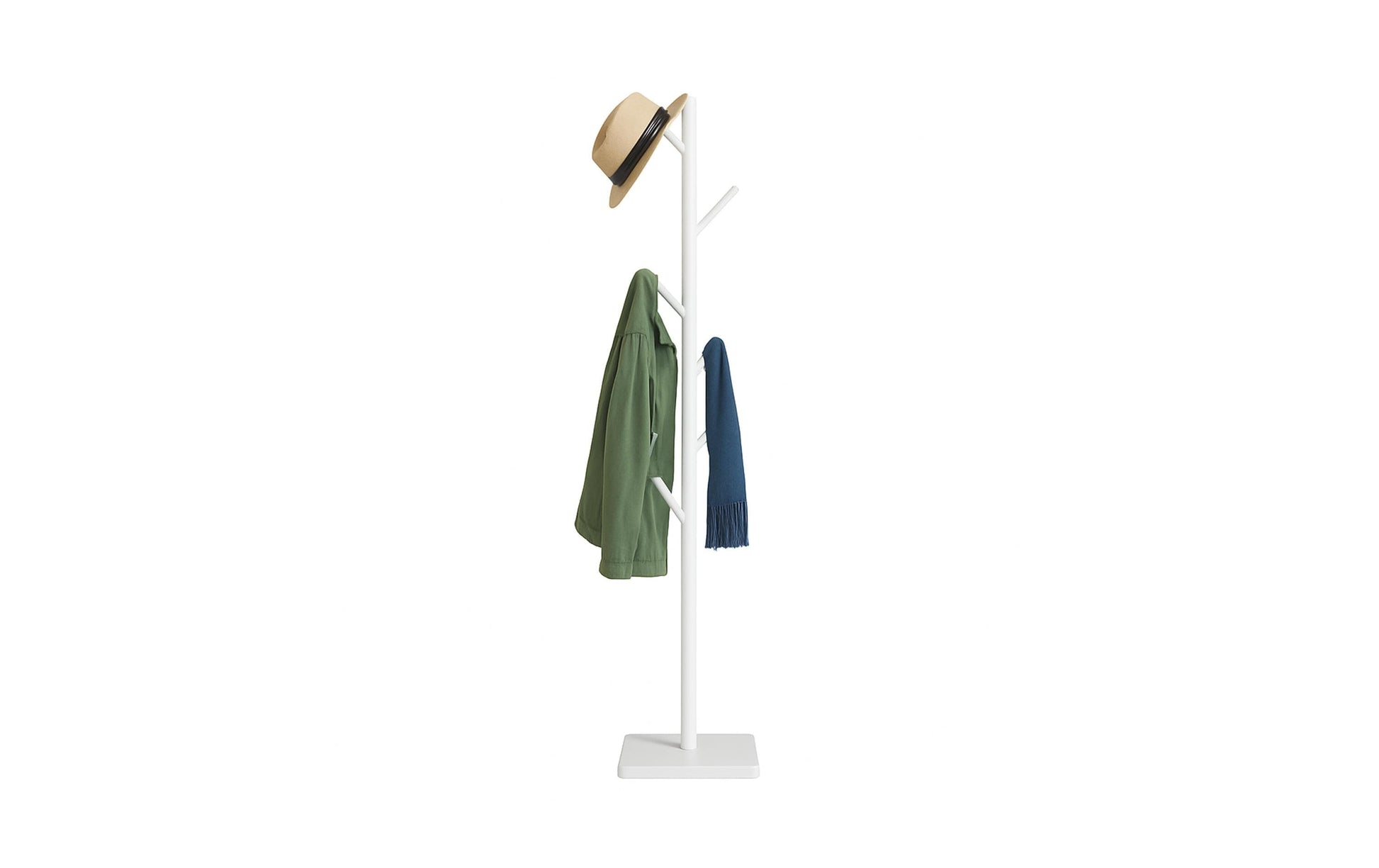 Relaxdays Garderobenständer – 8 Haken, Gummibaumholz/MDF, Weiss, 175 × 30 × 30 cm