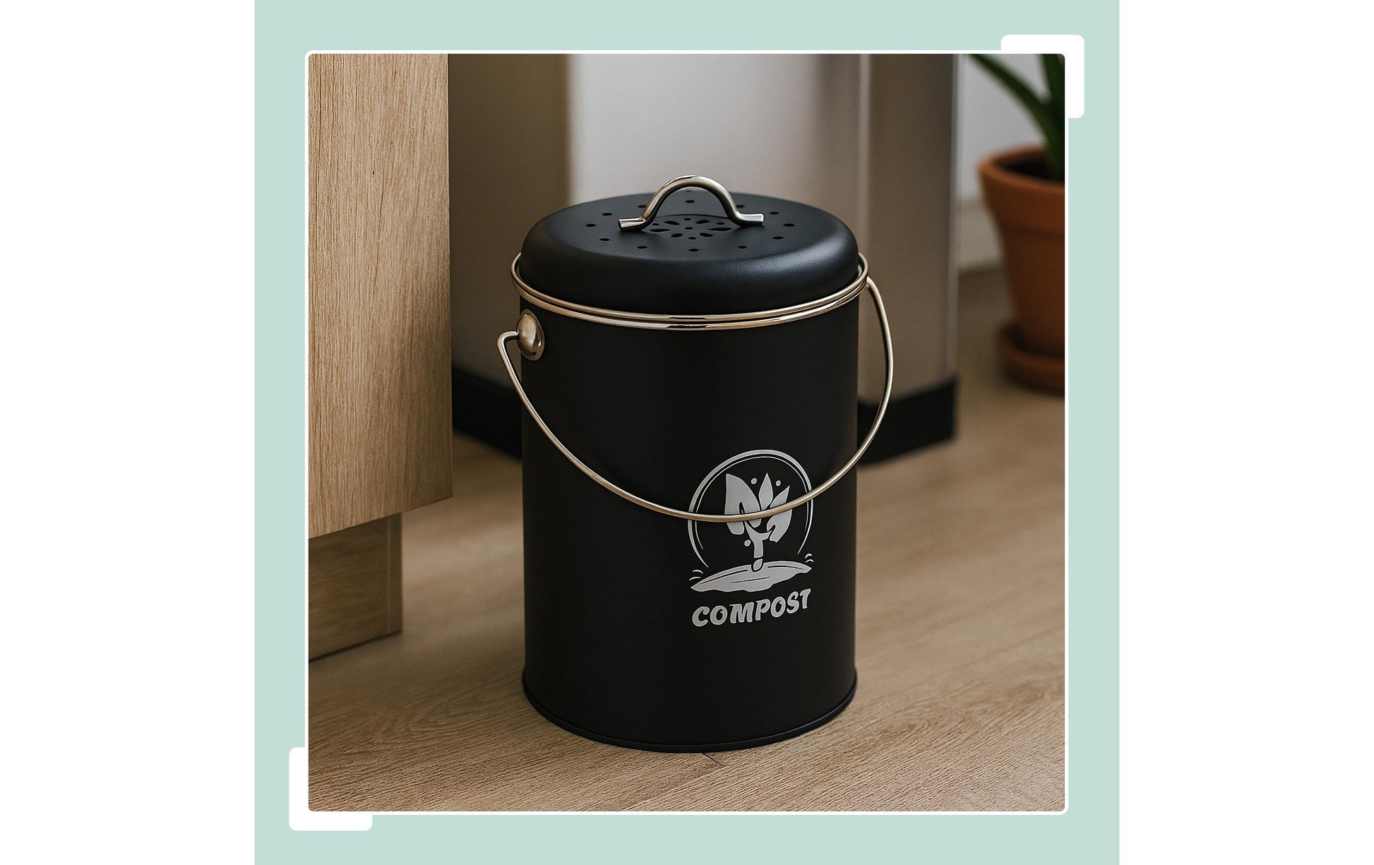 Relaxdays Komposteimer – 5,5 l – Eisen, rund – silber/schwarz – mit Filter