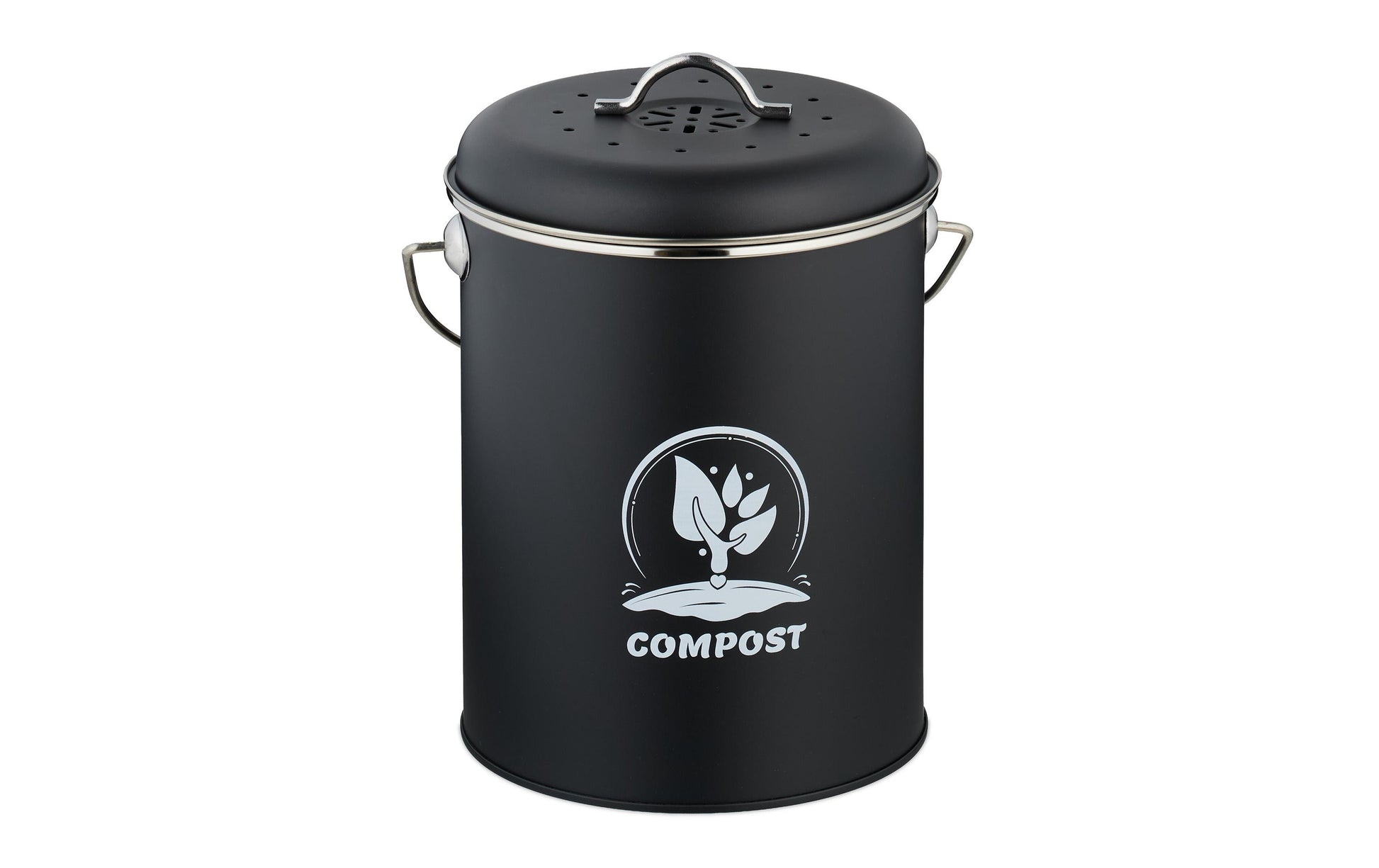 Relaxdays Komposteimer – 5,5 l – Eisen, rund – silber/schwarz – mit Filter