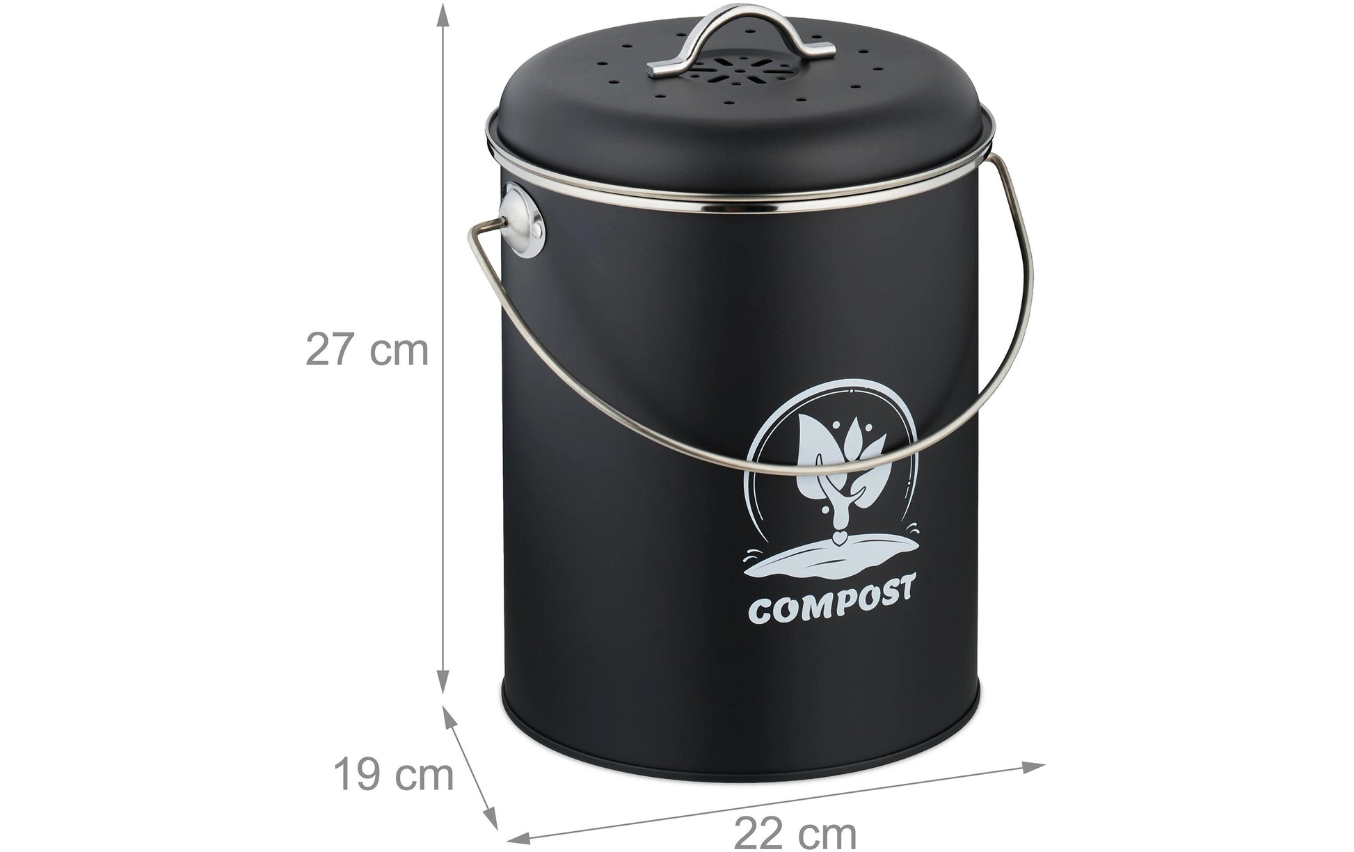 Relaxdays Komposteimer – 5,5 l – Eisen, rund – silber/schwarz – mit Filter