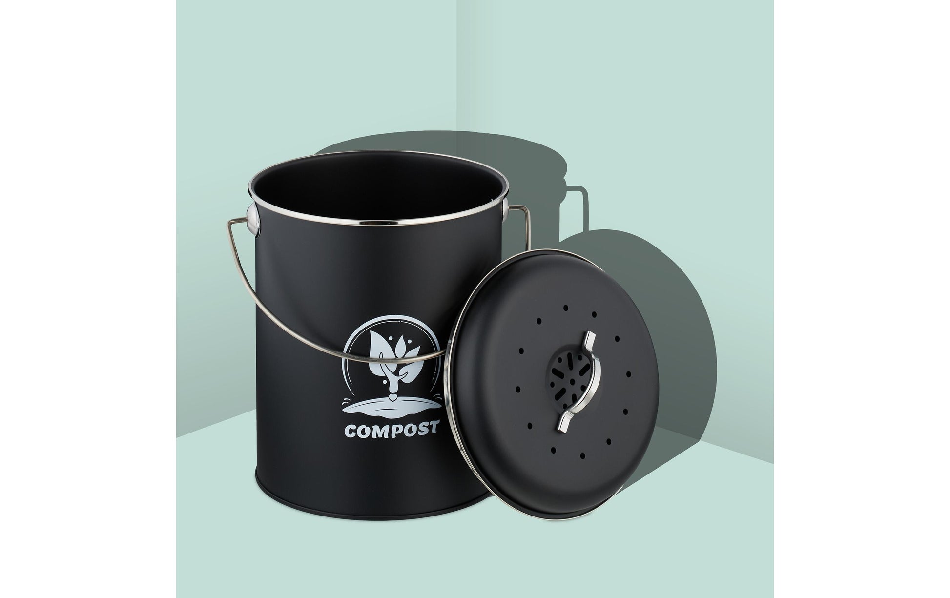 Relaxdays Komposteimer – 5,5 l – Eisen, rund – silber/schwarz – mit Filter