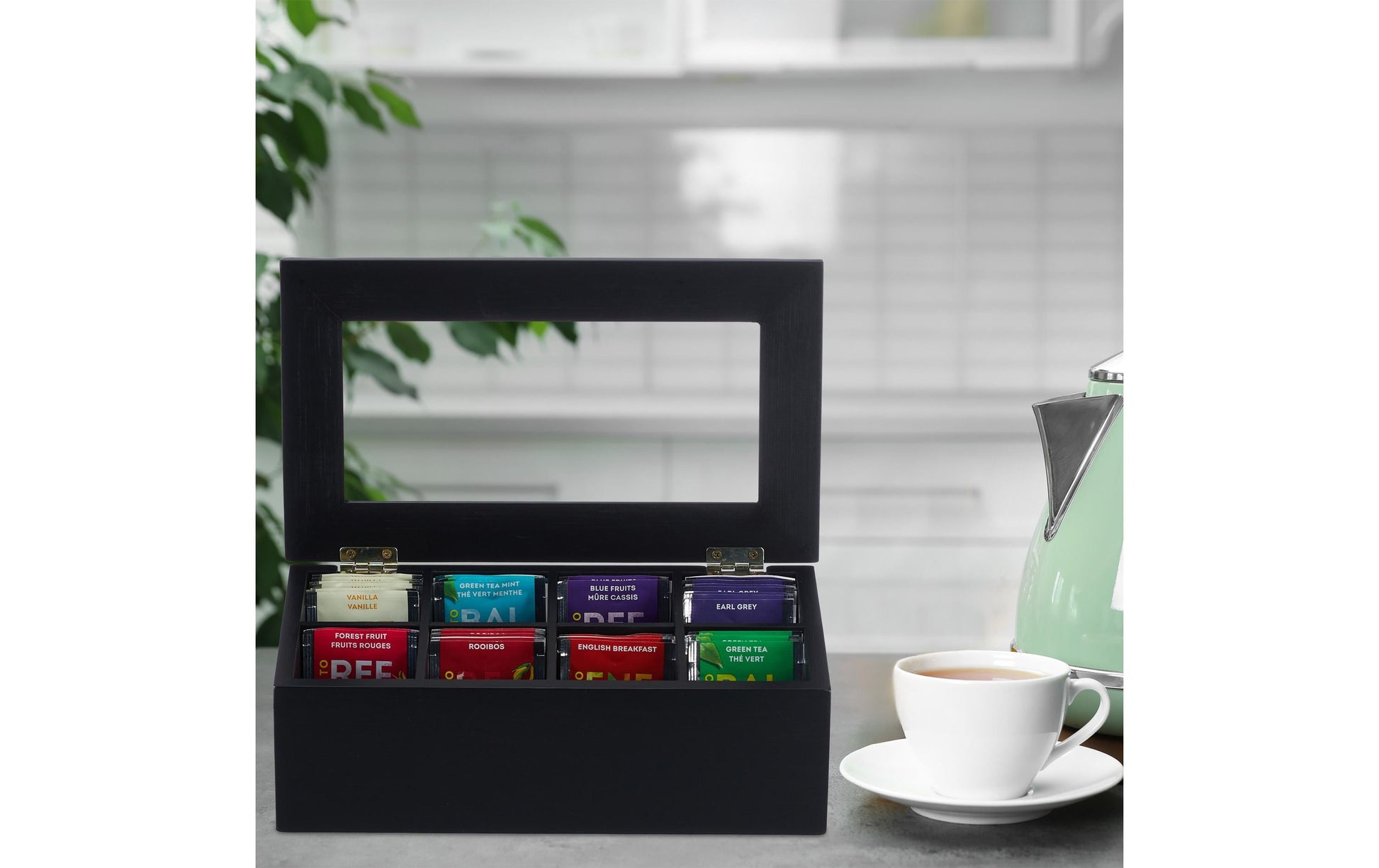 Relaxdays Teebeutelbox Bambus/Kunststoff, 8 Fächer, schwarz