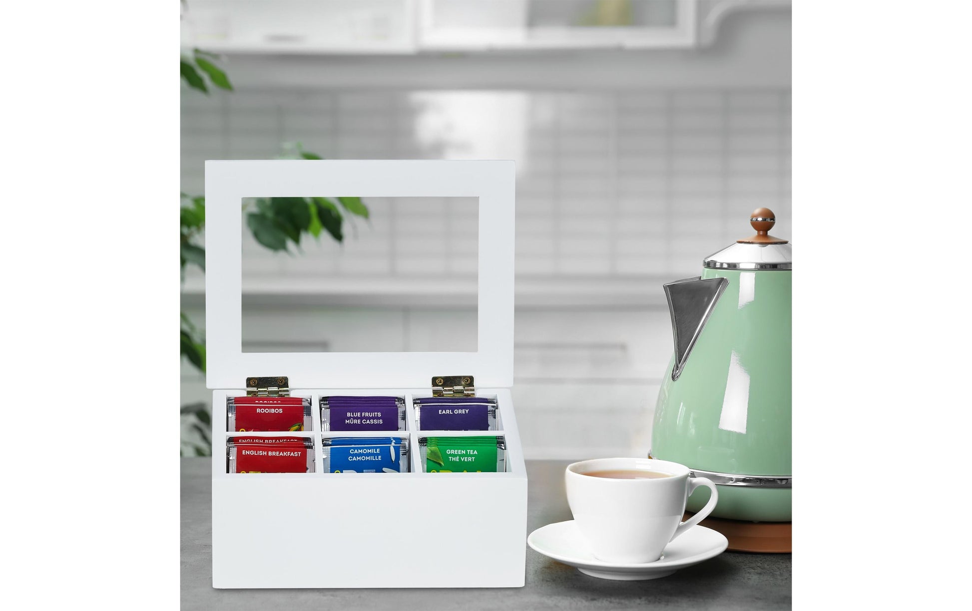 Relaxdays Teebeutelbox Bambus/Kunststoff, 6 Fächer, Weiss