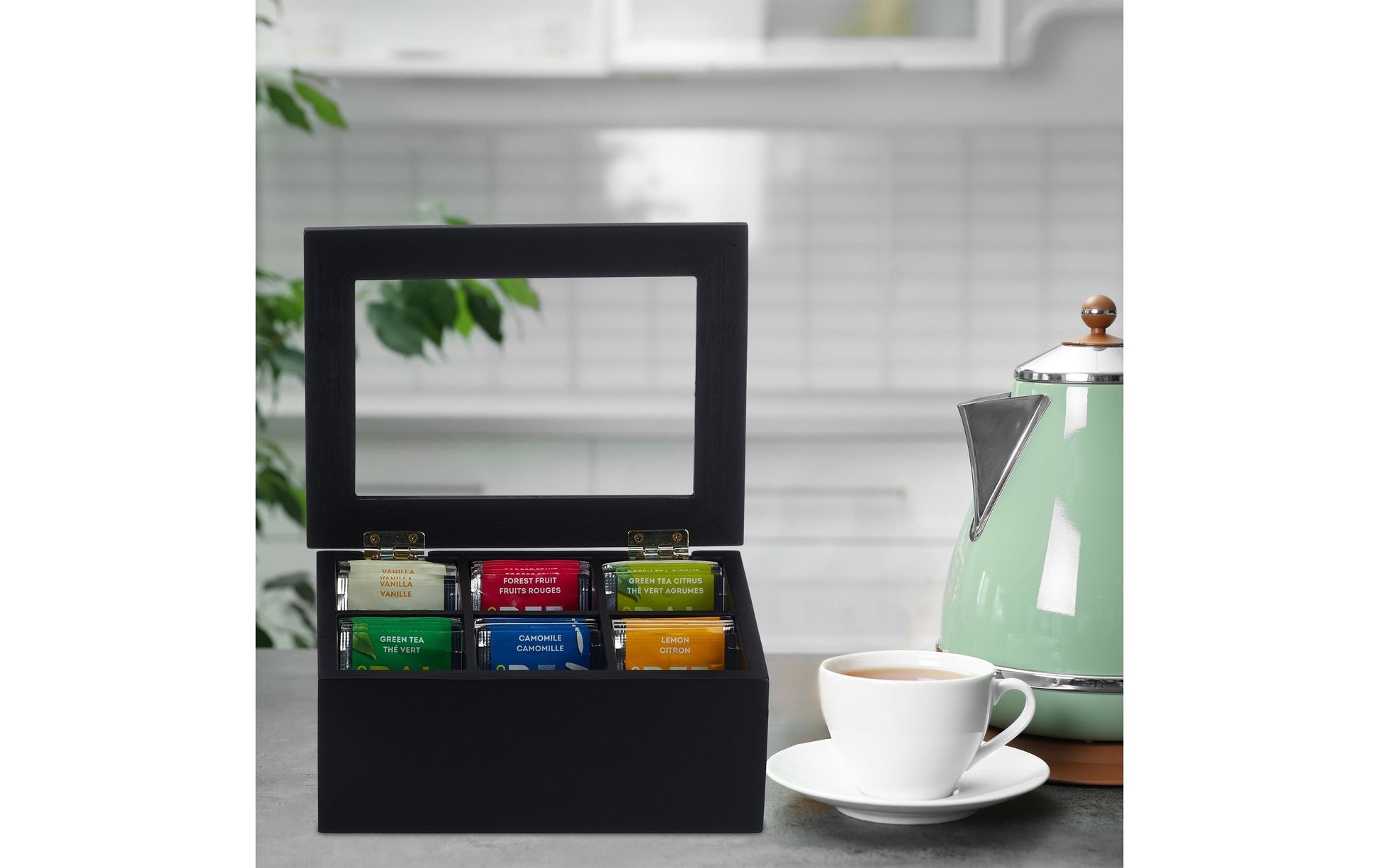 Relaxdays Teebeutelbox Bambus/Kunststoff, 6 Fächer, schwarz