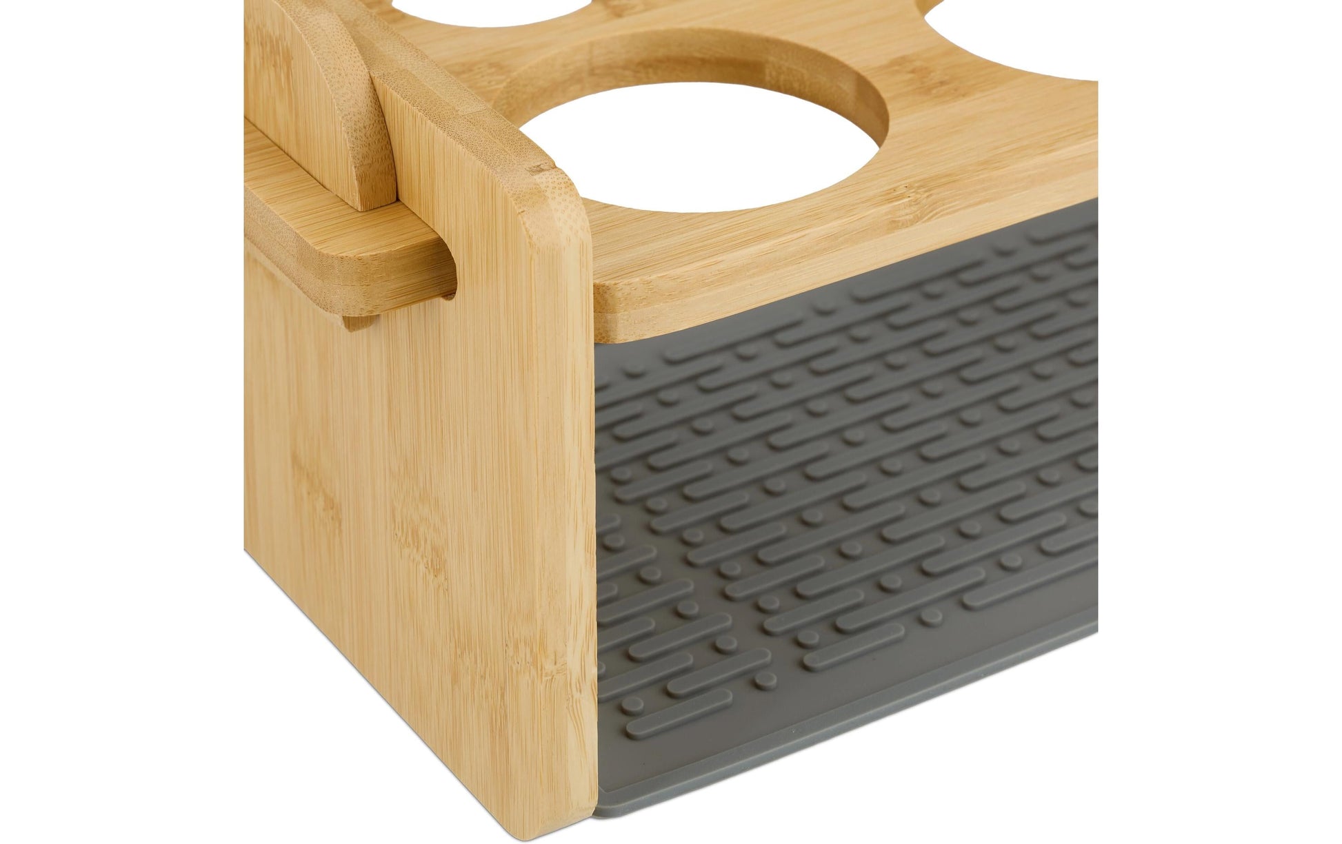 Relaxdays Abtropfgestell 43 × 14,5 × 14 cm, Bambus/Silikon, hellbraun, für 4 Flaschen
