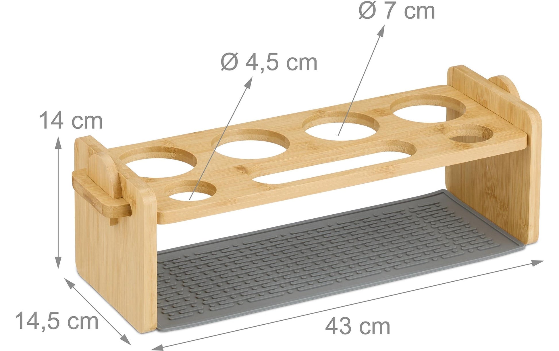 Relaxdays Abtropfgestell 43 × 14,5 × 14 cm, Bambus/Silikon, hellbraun, für 4 Flaschen