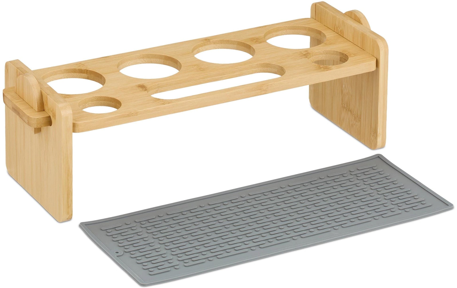Relaxdays Abtropfgestell 43 × 14,5 × 14 cm, Bambus/Silikon, hellbraun, für 4 Flaschen