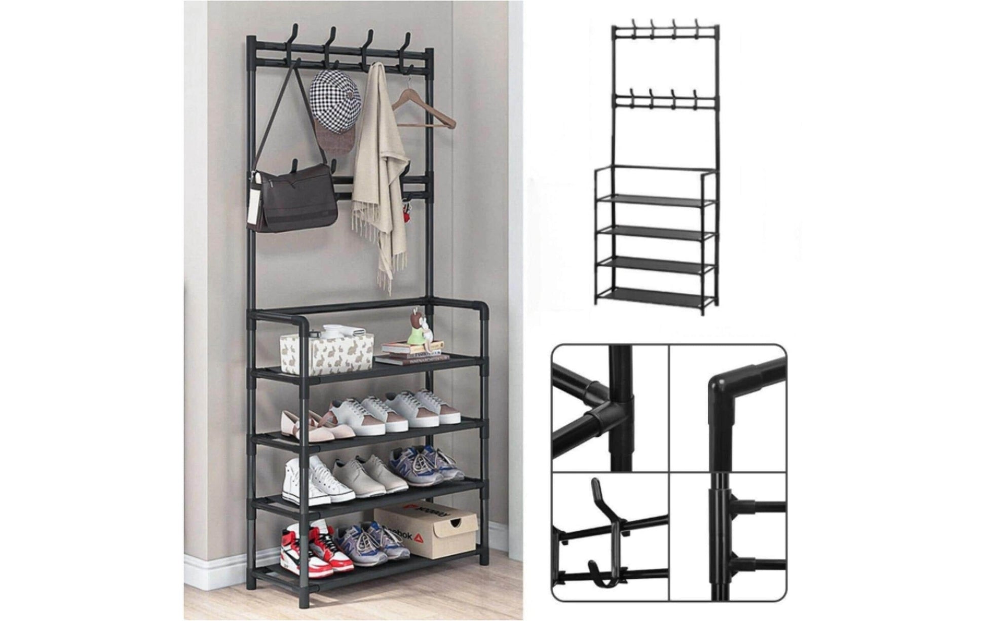 Relaxdays Garderobenständer – 8 Haken, mit Ablage, Stahl, Schwarz, 60 × 26 × 155 cm