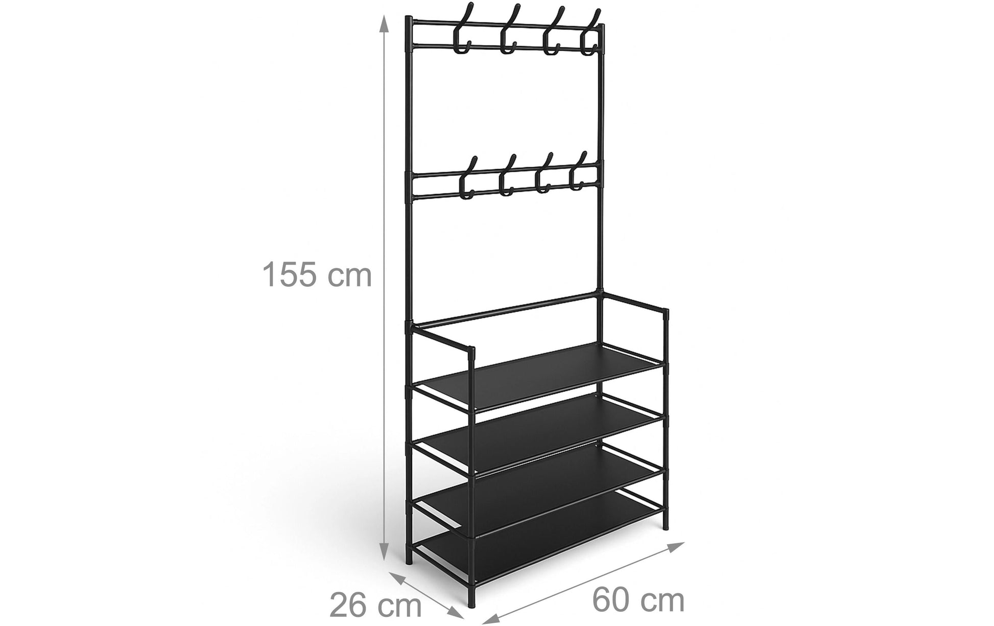 Relaxdays Garderobenständer – 8 Haken, mit Ablage, Stahl, Schwarz, 60 × 26 × 155 cm