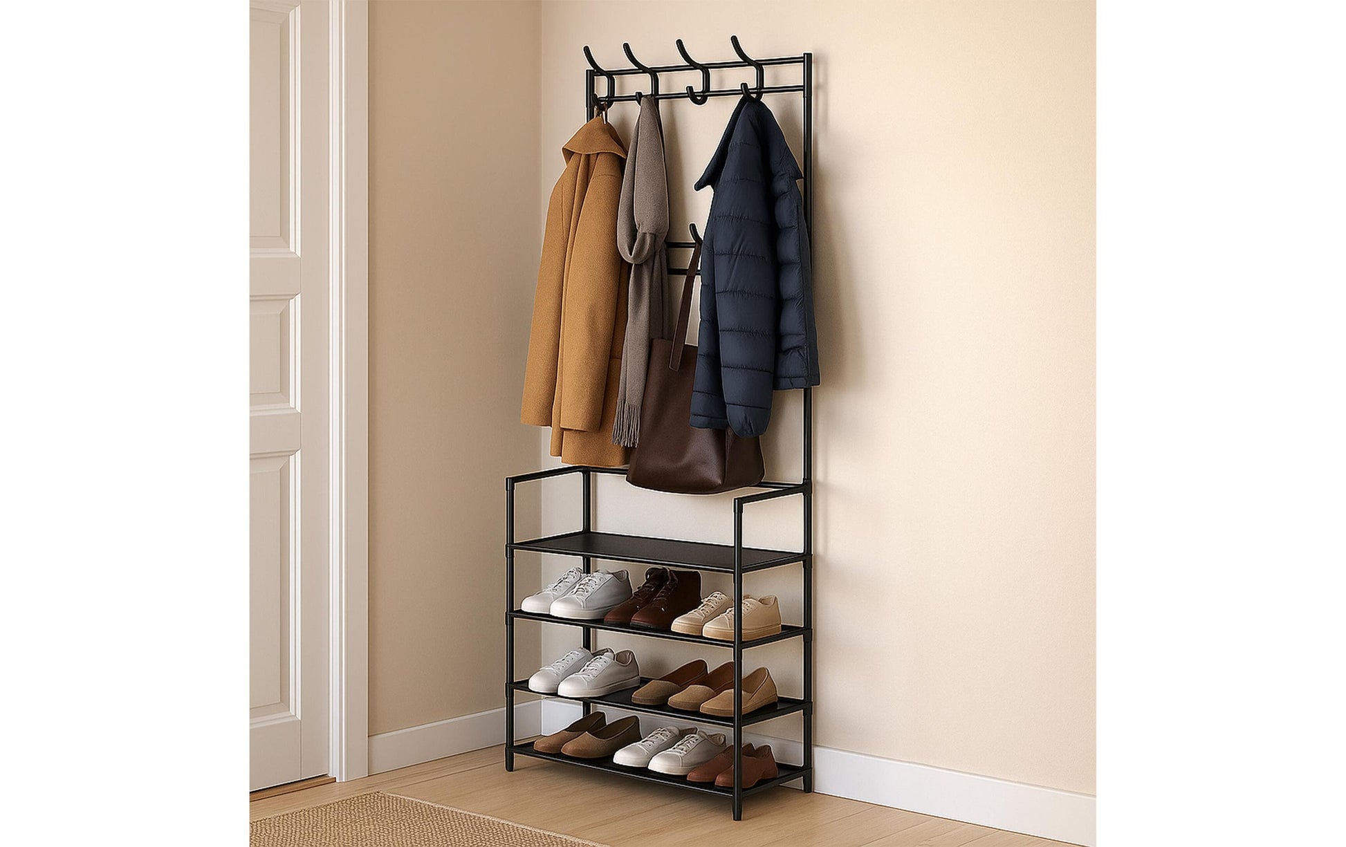 Relaxdays Garderobenständer – 8 Haken, mit Ablage, Stahl, Schwarz, 60 × 26 × 155 cm