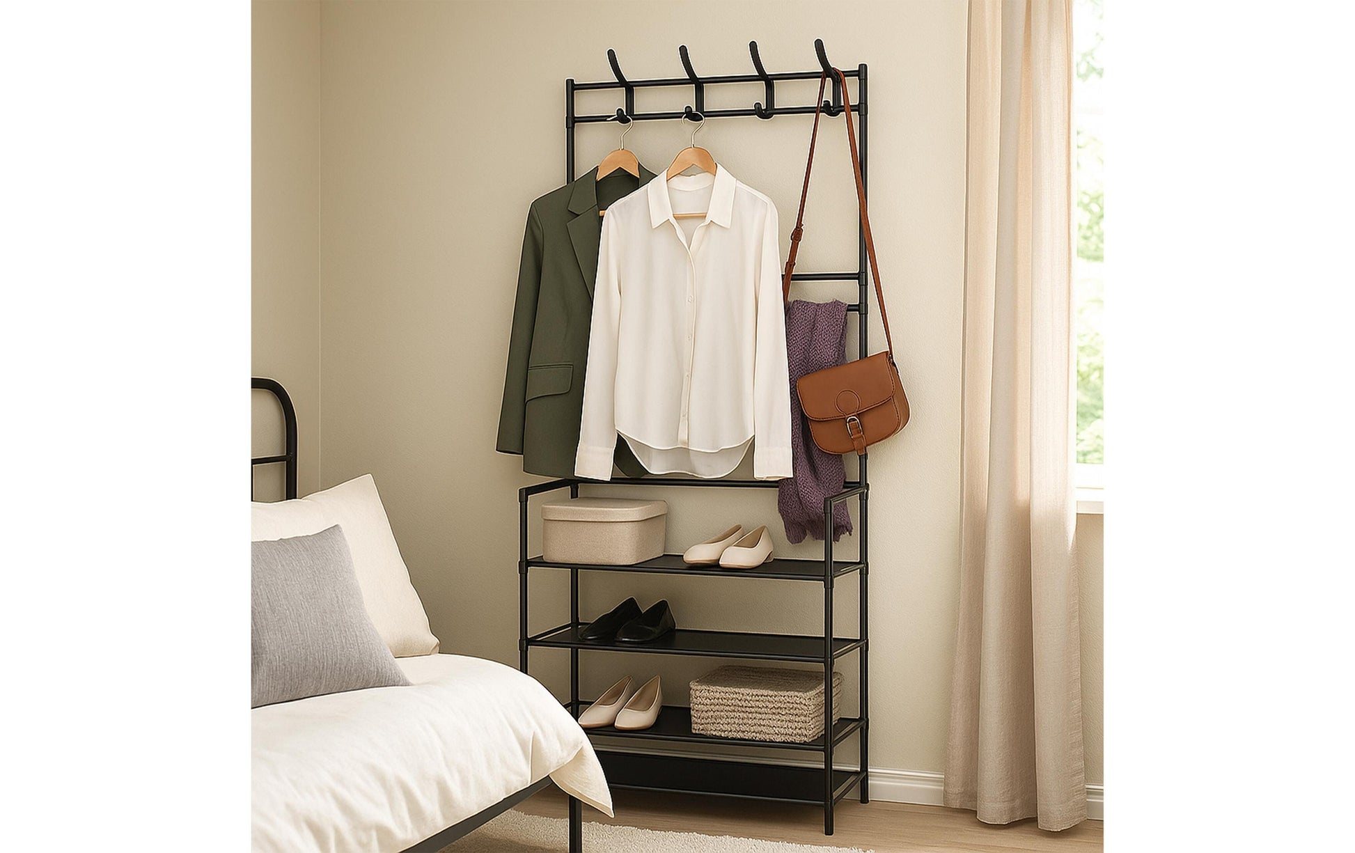 Relaxdays Garderobenständer – 8 Haken, mit Ablage, Stahl, Schwarz, 60 × 26 × 155 cm