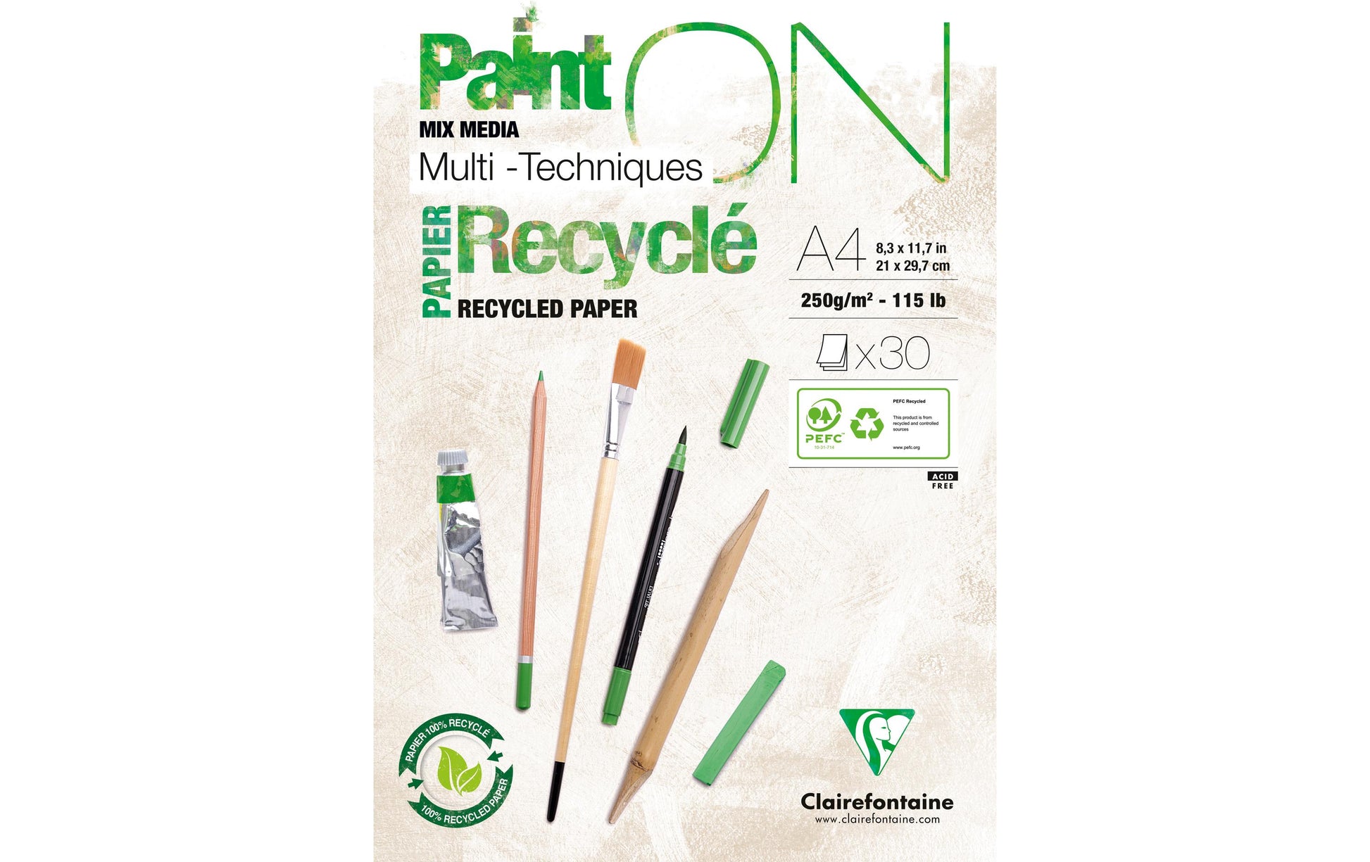 Clairefontaine PAINT'ON Recycelter Skizzenblock – A4 – 250 g/m² – geleimt – 30 Blatt, weiss, satiniert