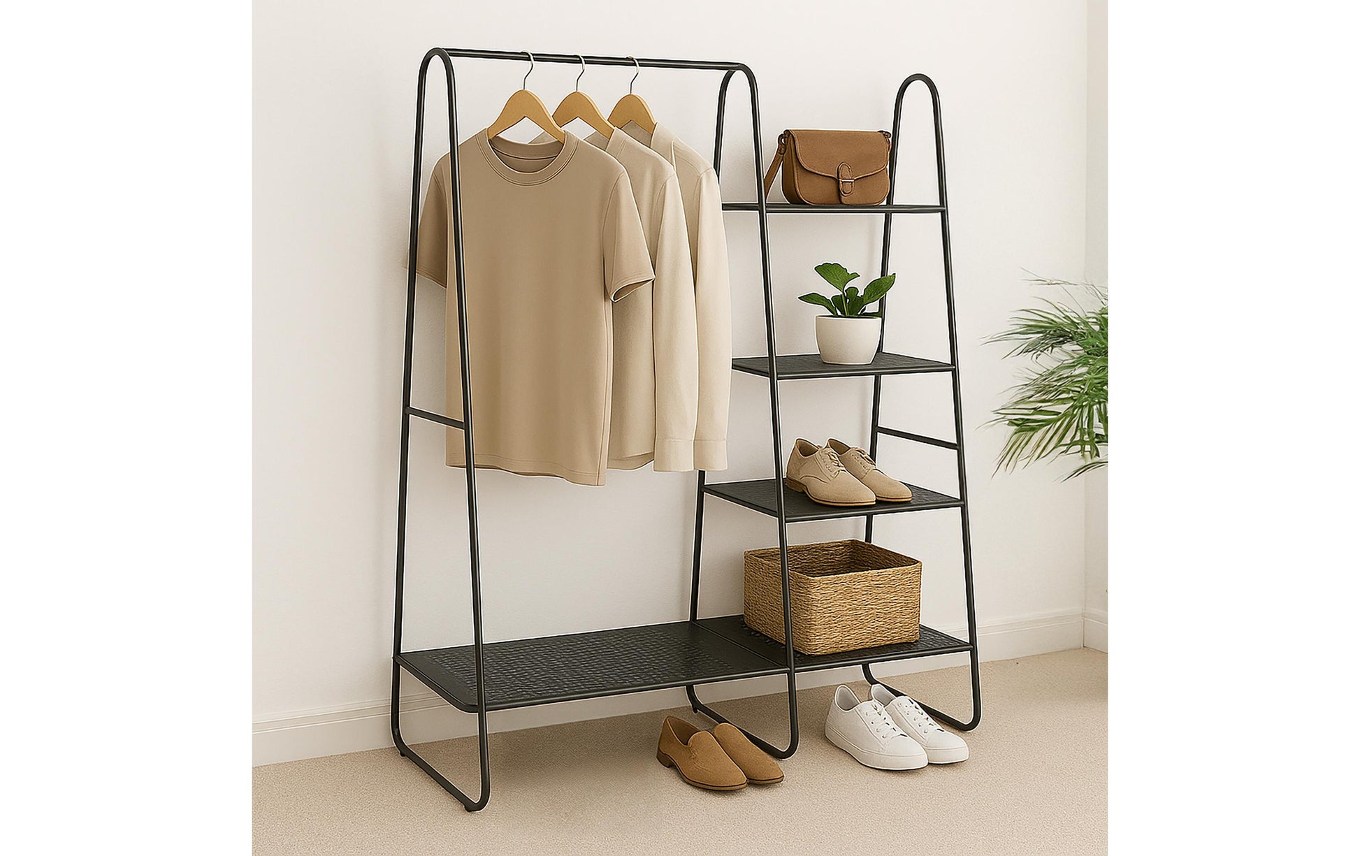 Relaxdays Garderobenständer – mit Schuhhalter, Stahl, Schwarz, 80 × 40 × 152 cm