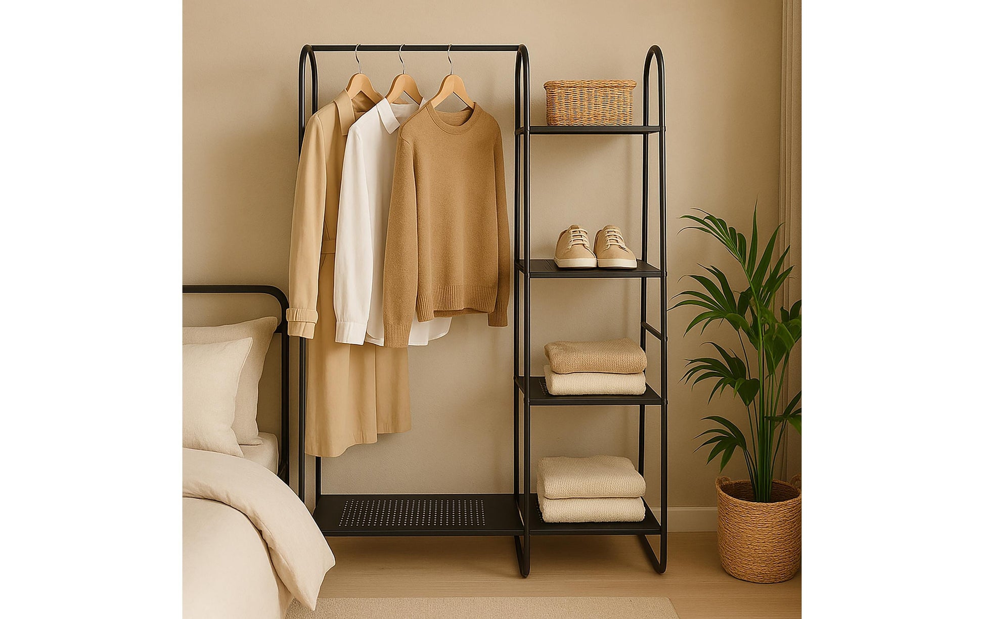 Relaxdays Garderobenständer – mit Schuhhalter, Stahl, Schwarz, 80 × 40 × 152 cm