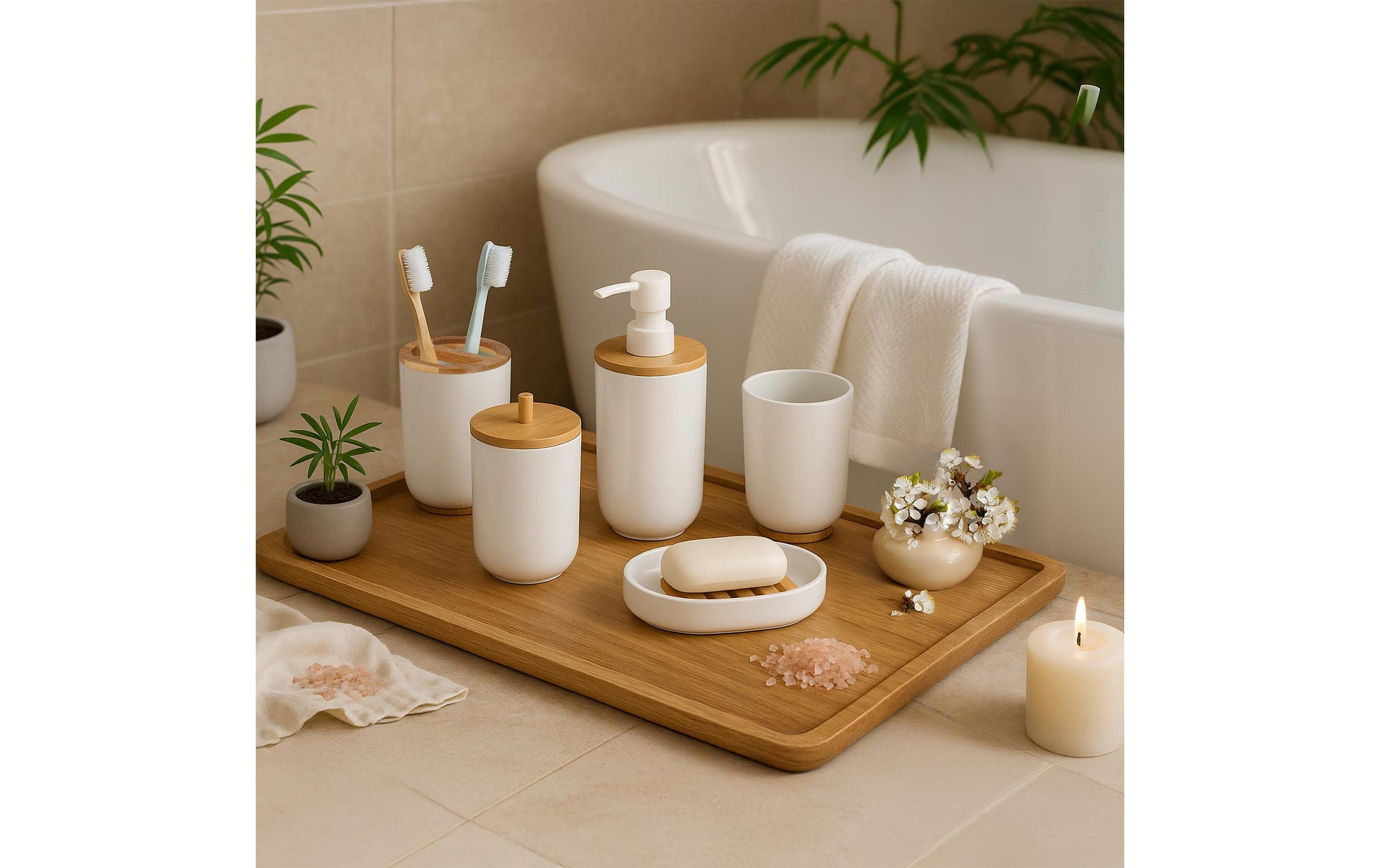 Relaxdays Aufbewahrungsbox – 85% Kunststoff/15% Bambus, Weiss, 7er-Set