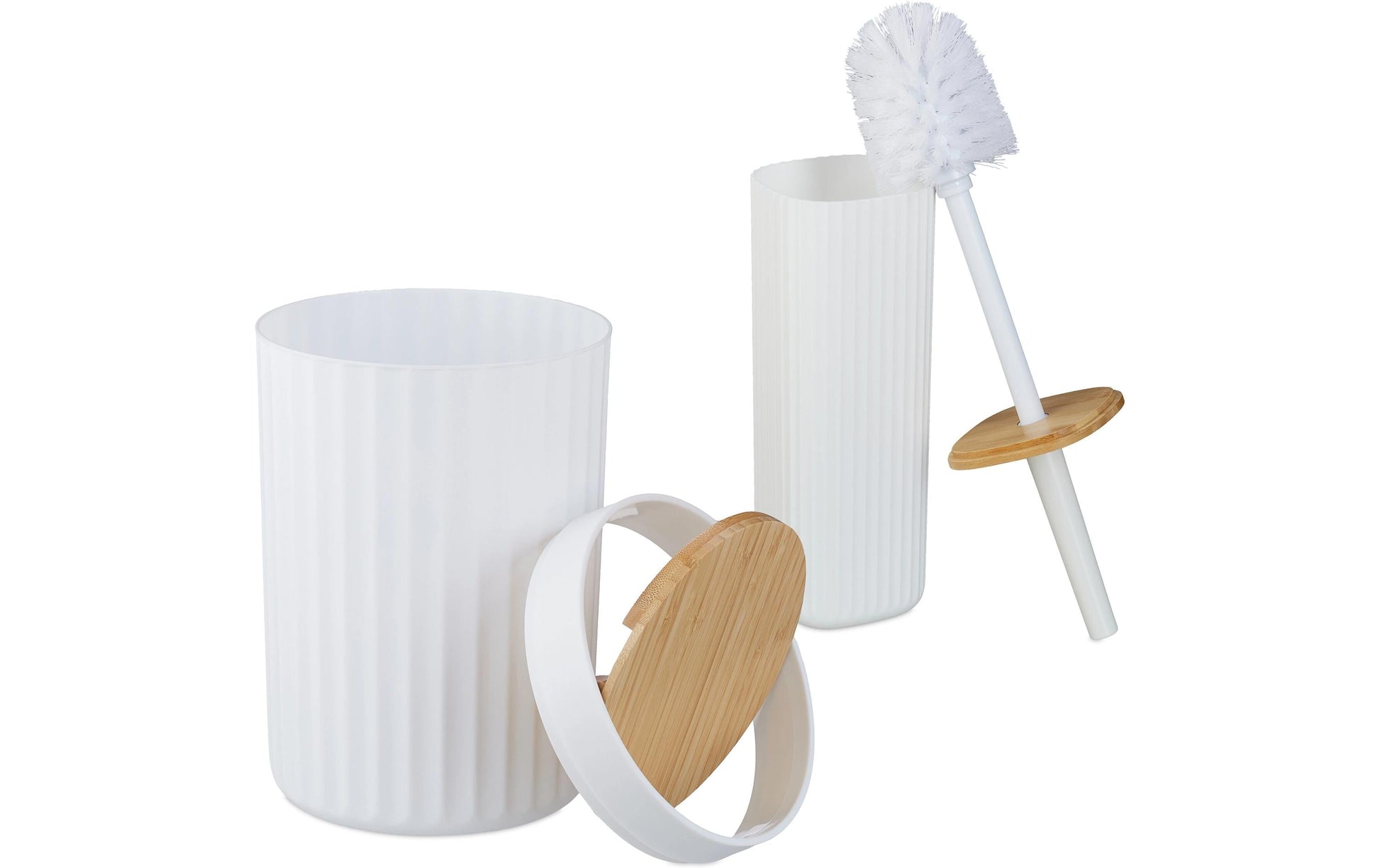Relaxdays Badzubehör Set – Kunststoff (65%)/Kunststoff (20%)/Bambus (15%), freistehend, Weiss, 6er-Set