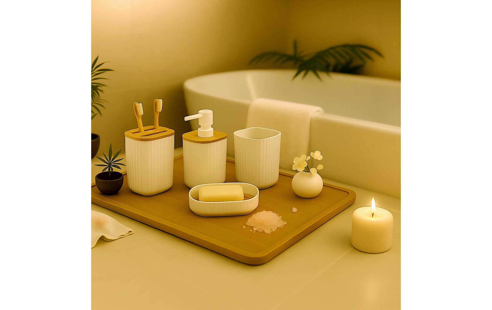 Relaxdays Badzubehör Set – Kunststoff (65%)/Kunststoff (20%)/Bambus (15%), freistehend, Weiss, 6er-Set