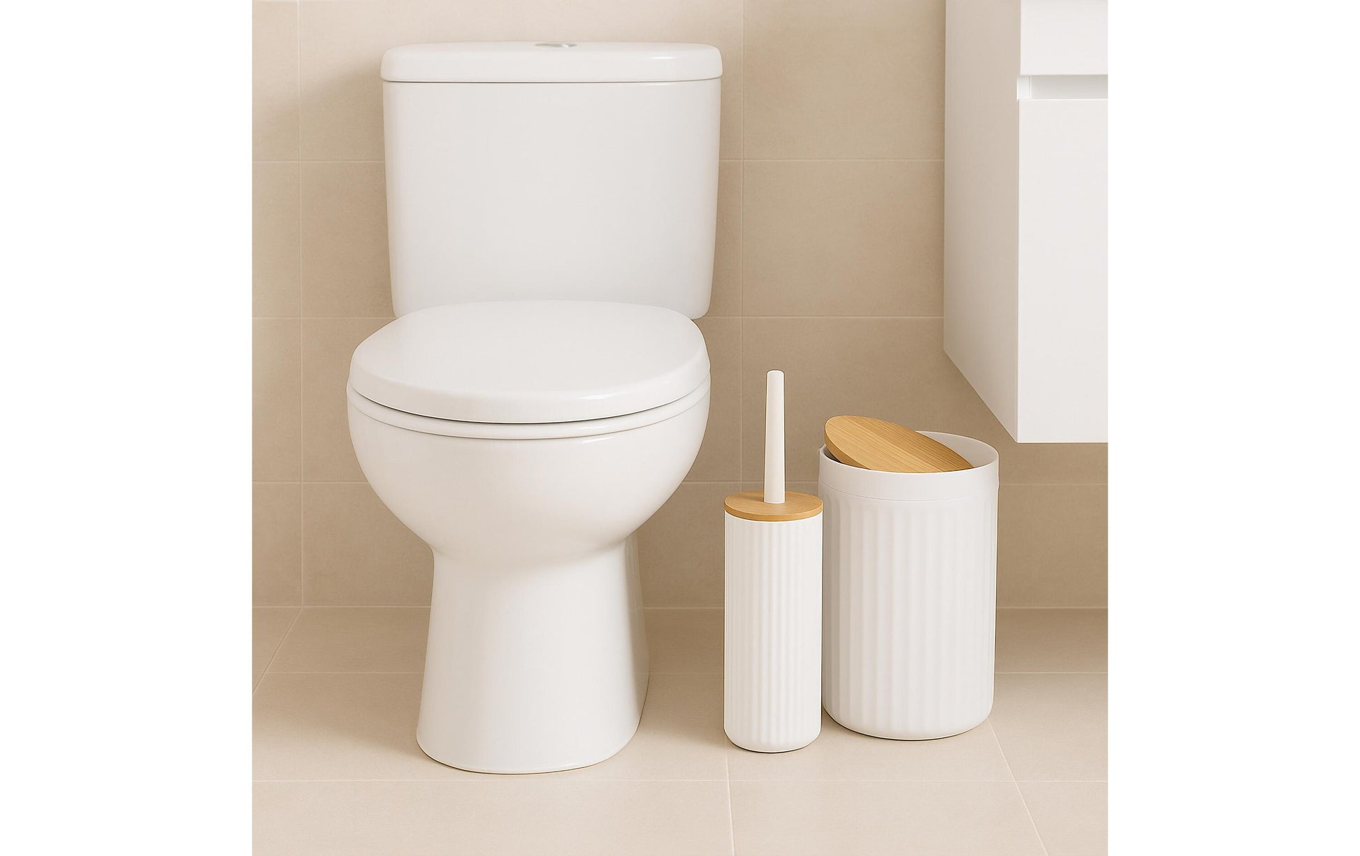 Relaxdays Badzubehör Set – Kunststoff (65%)/Kunststoff (20%)/Bambus (15%), freistehend, Weiss, 6er-Set