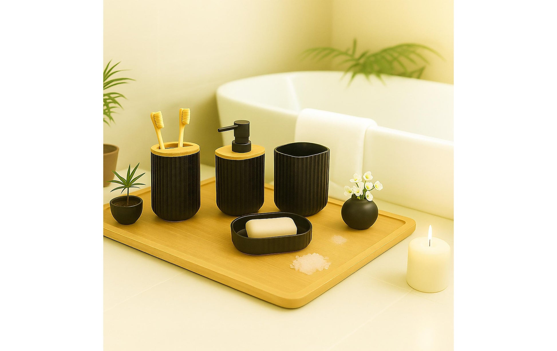 Relaxdays Aufbewahrungsbox – 85% Kunststoff/15% Bambus, Schwarz, Holz, 6er-Set