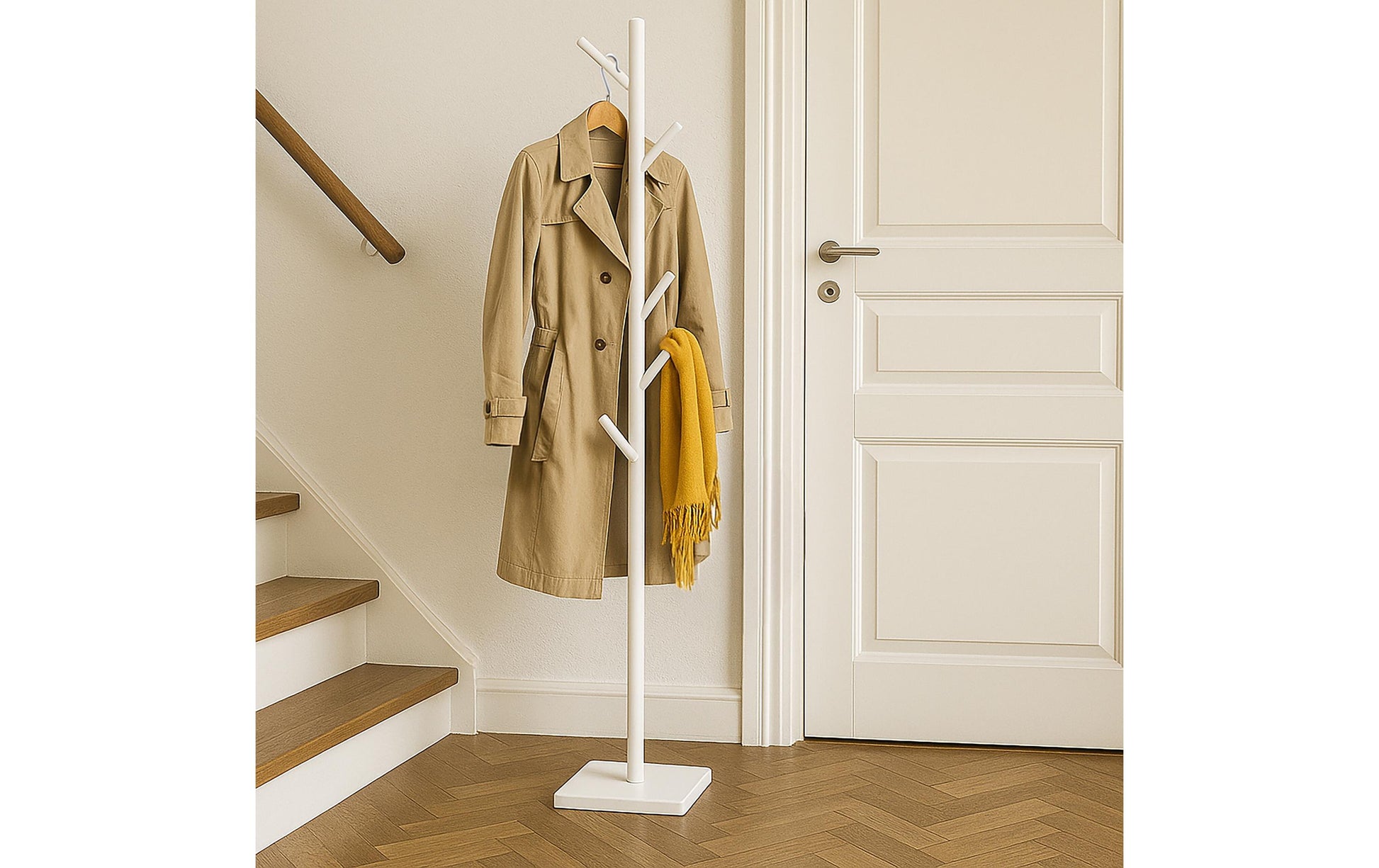 Relaxdays Garderobenständer – 8 Haken, Gummibaumholz/MDF, Weiss, 175 × 30 × 30 cm