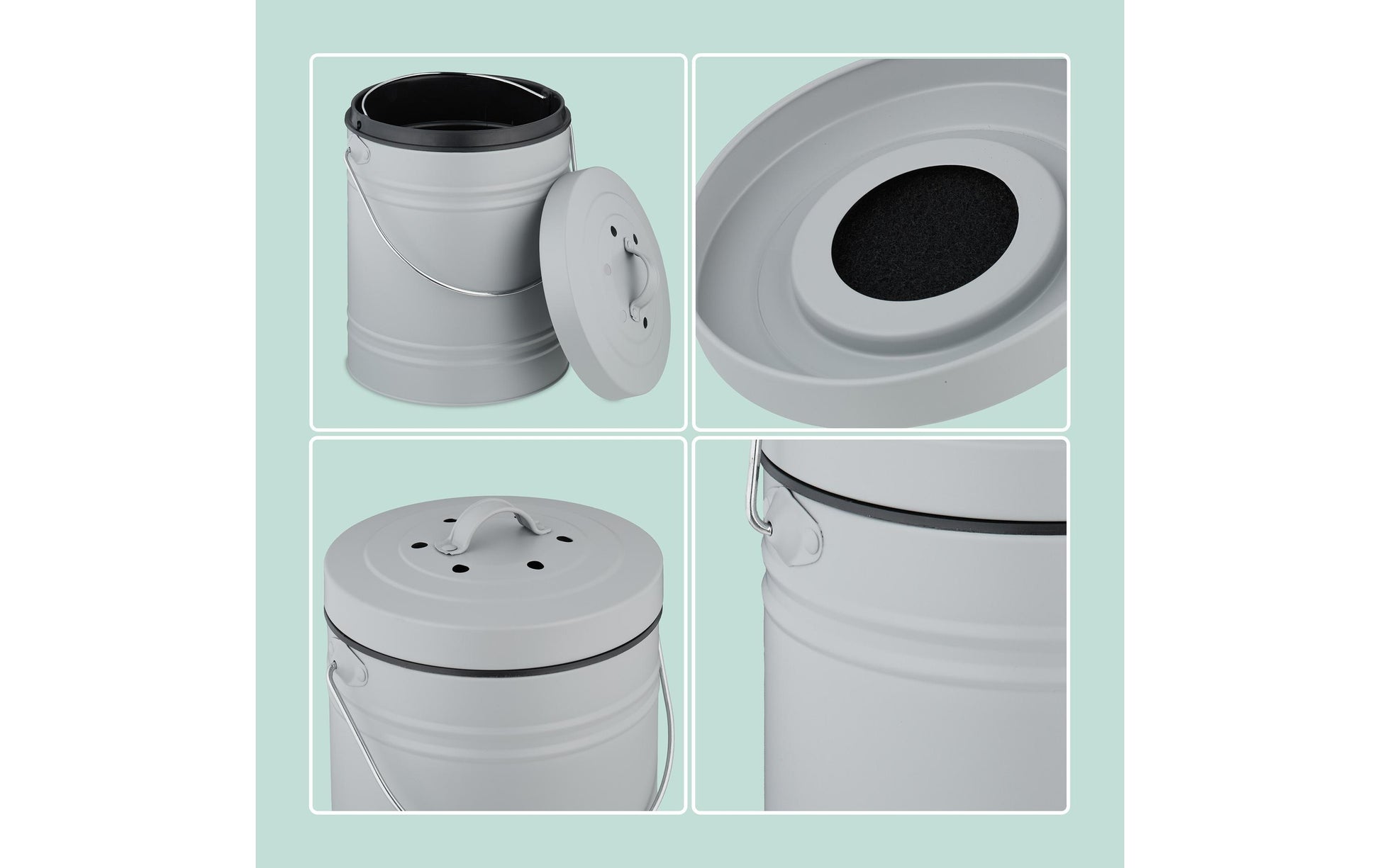 Relaxdays Komposteimer 10051223_111 – 5 l – Eisen, Oval – Grau – mit Geruchsfilter