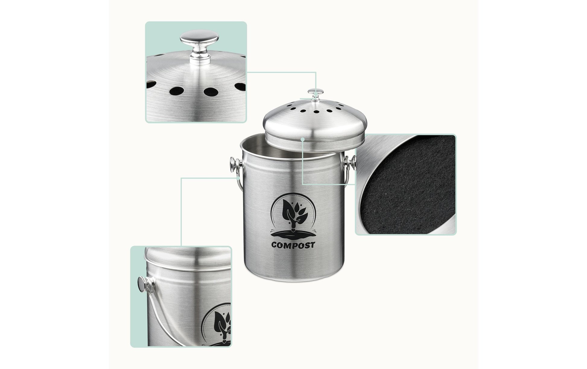 Relaxdays Komposteimer 10051224_55 – 5 l – Edelstahl, Oval – Schwarz/Silber – mit Geruchsfilter