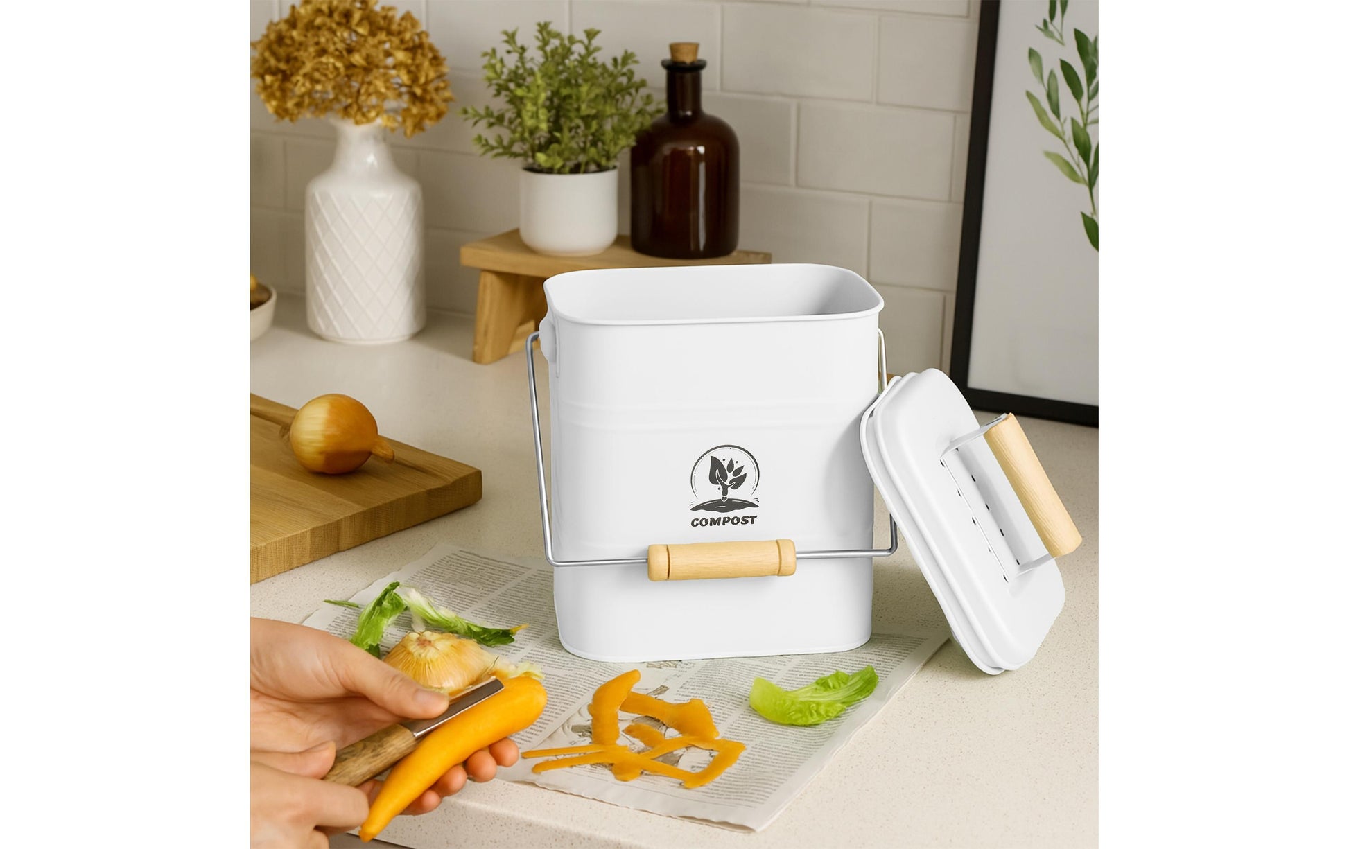 Relaxdays Komposteimer – 3,5 l – Naturkohle, rechteckig – Weiss