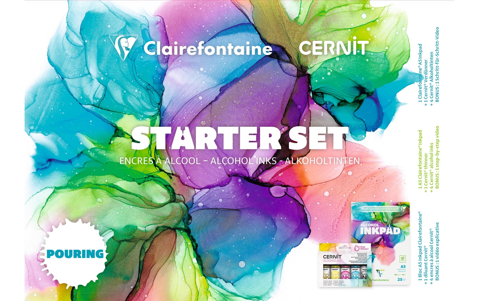 Clairefontaine Alkoholtinten-Starterset – A5-Pad, 25 Blatt – 3 × 20 ml, 1 × 20 ml Gold, 1 × 20 ml Verdünner