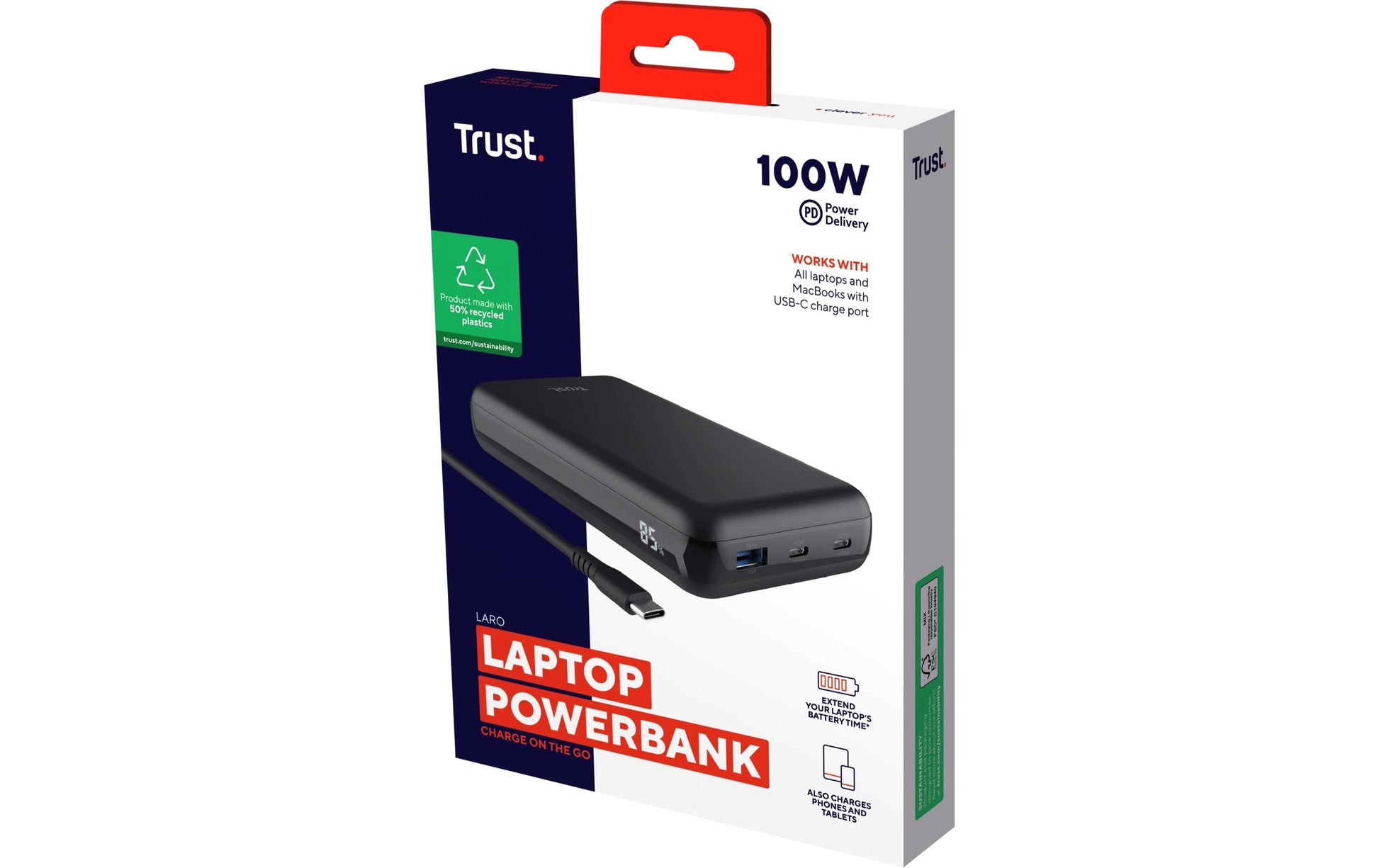 Trust Powerbank 10000 mAh, PD 100 W, 2× USB-C, 1× USB-A, Schwarz