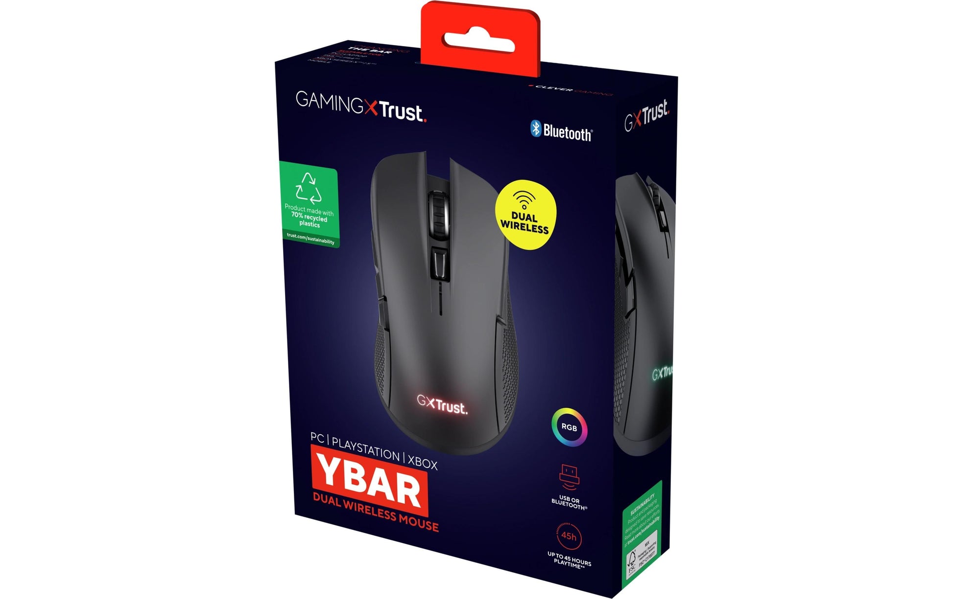 Trust GXT931 Ybar Gaming-Maus – Kabellos, Bluetooth, USB-C, 7'200 dpi, 4 Tasten, Rechtshänder, Schwarz