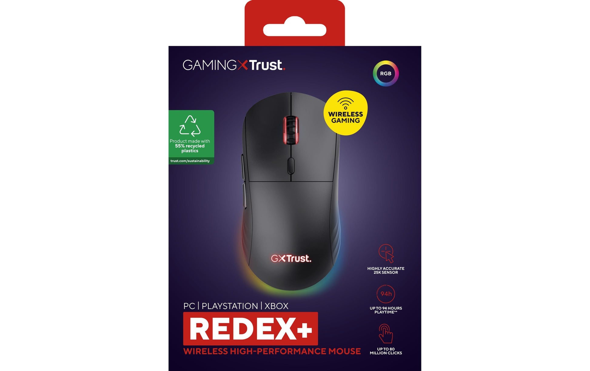 Trust GXT 927 Redex+ – Gaming-Maus – Kabellos (2,4 GHz), 25600 DPI, RGB-Beleuchtung, Rechtshänder, Schwarz