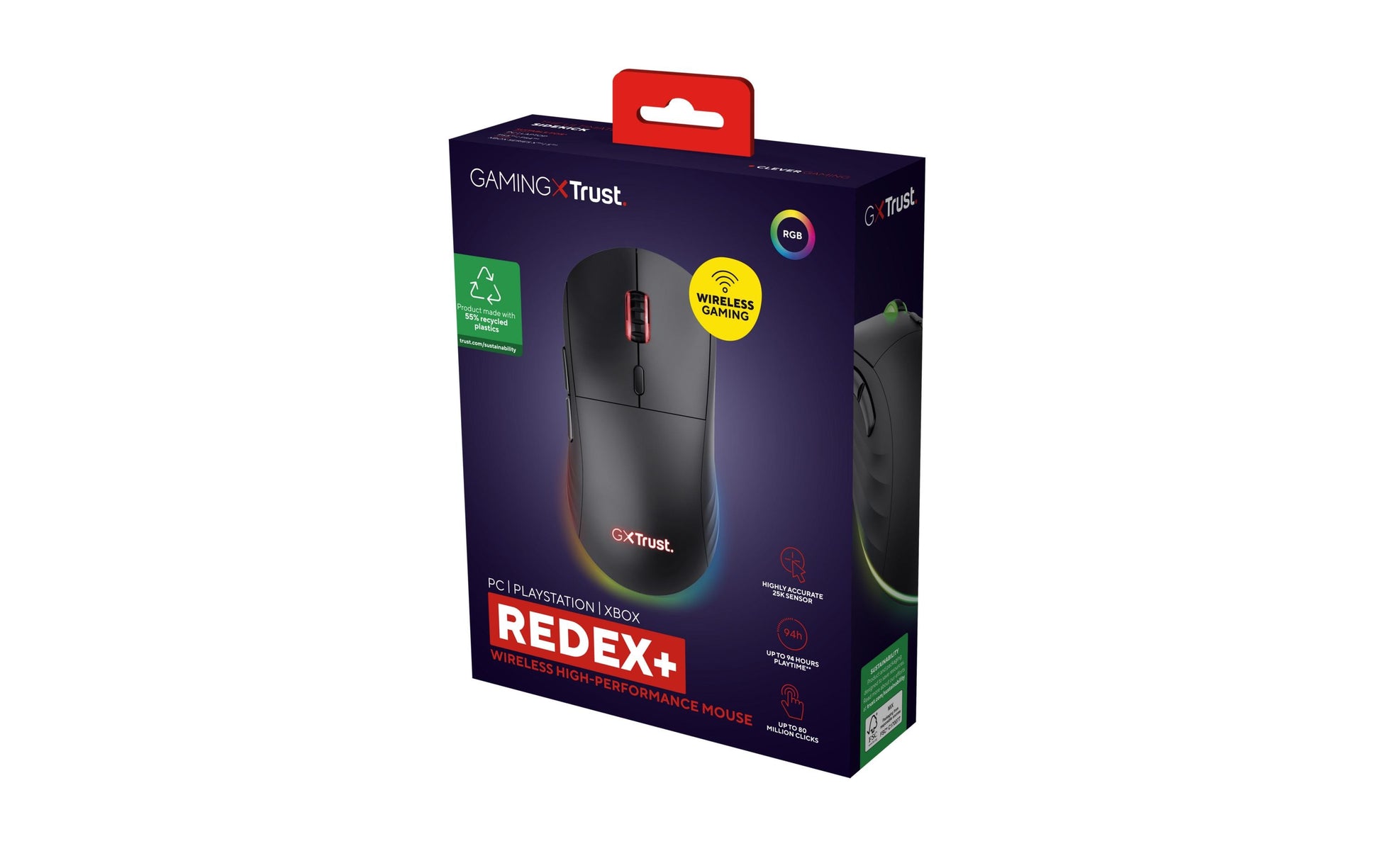 Trust GXT 927 Redex+ – Gaming-Maus – Kabellos (2,4 GHz), 25600 DPI, RGB-Beleuchtung, Rechtshänder, Schwarz