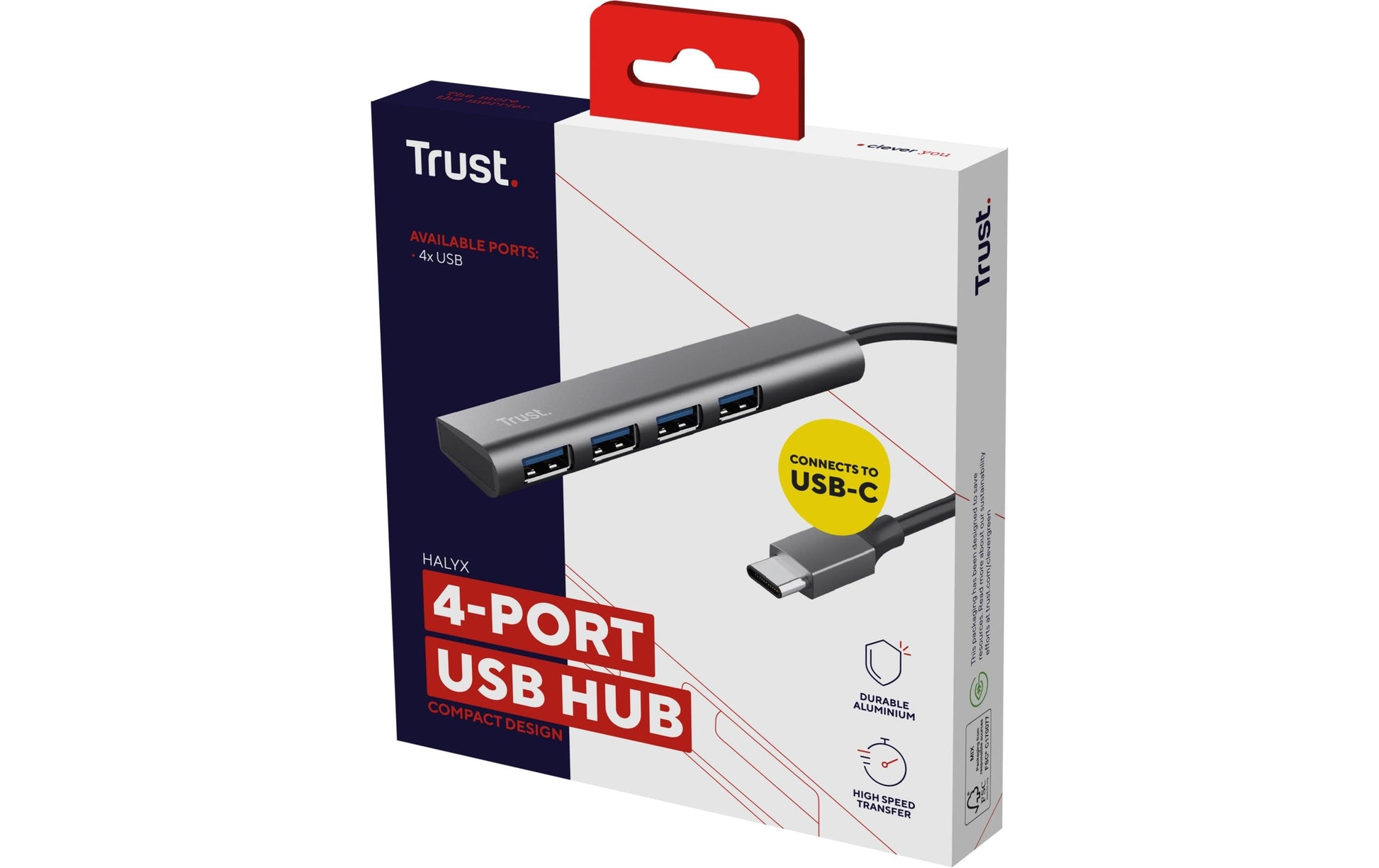 Trust Halyx USB-Hub – USB-C, 4× USB-A (USB 3.2 Gen 1, 5 Gbps) – USB-C – 210 × 21 × 11 mm