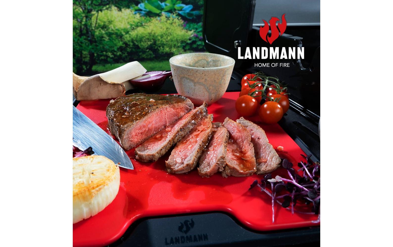 LANDMANN Schneidebrett 26 × 26 × 2 cm, Kunststoff/Silikon, spülmaschinenfest, schwarz/rot