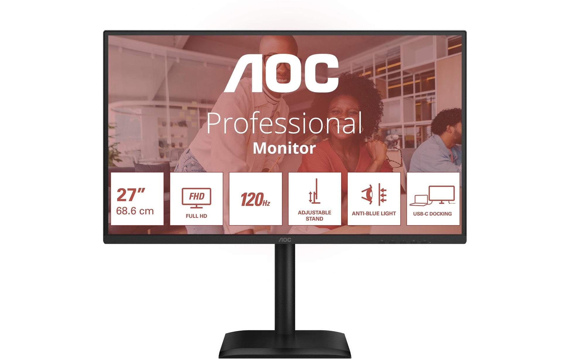 AOC 27E4CV – Monitor, 27", IPS, 120 Hz, 300 cd/m², USB-Hub, Lautsprecher, Adaptive Sync, Schwarz