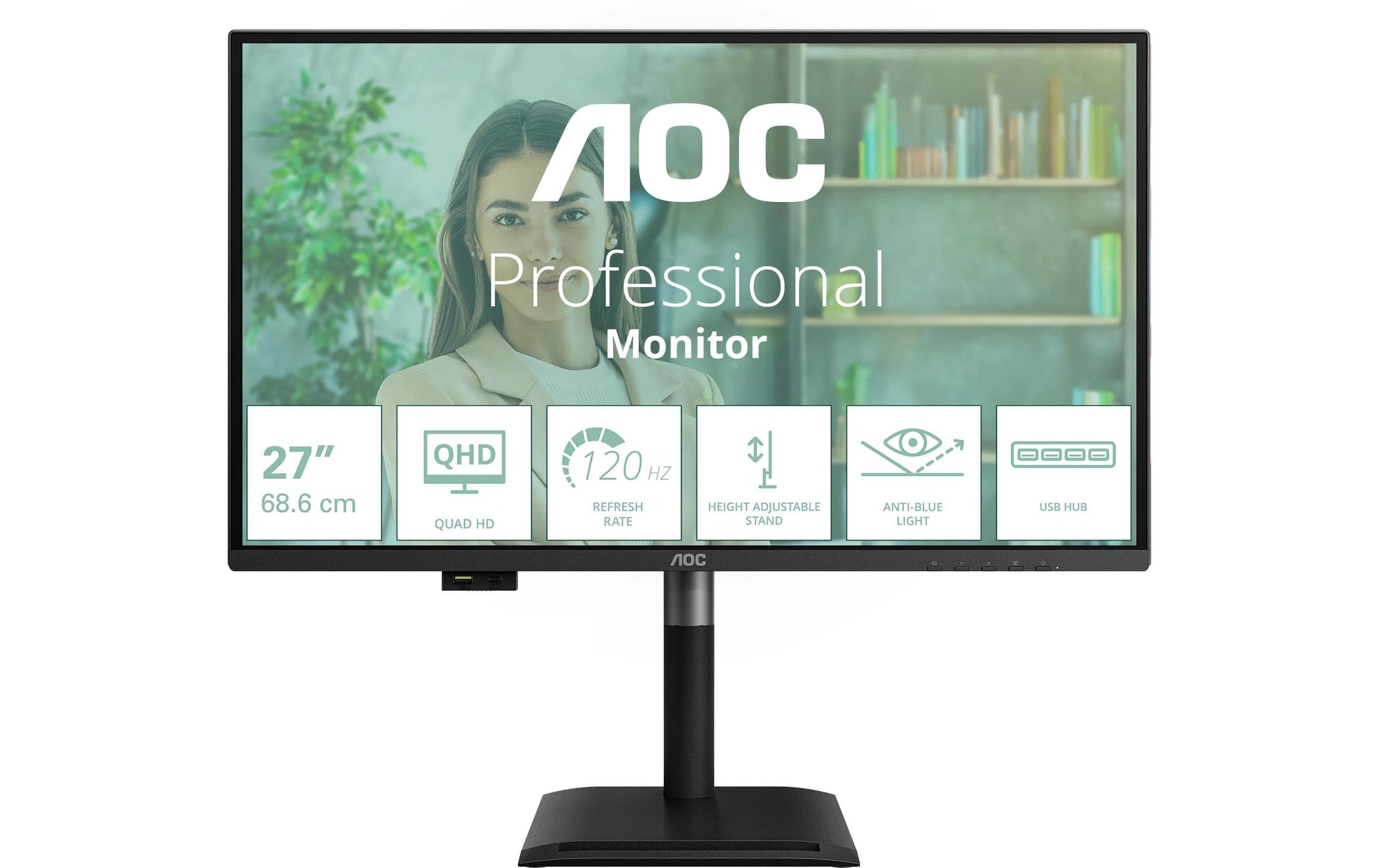 AOC Q27P4U – Monitor, 27", 2560 × 1440 (WQHD), IPS, 120 Hz, 350 cd/m², USB-Hub, Adaptive Sync, Schwarz