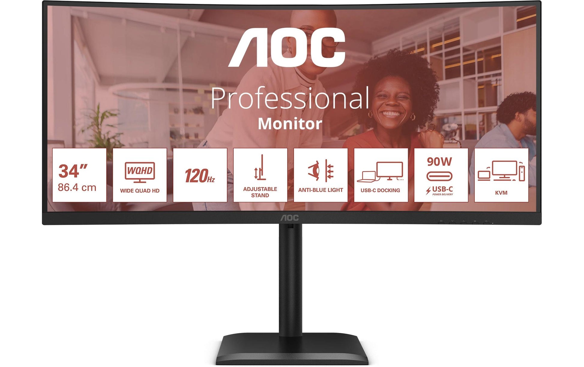 AOC CU34E4CV – Monitor, 34" 3440 × 1440 (UWQHD), VA, 120 Hz, Gebogen, KVM, VESA 100 × 100, Schwarz