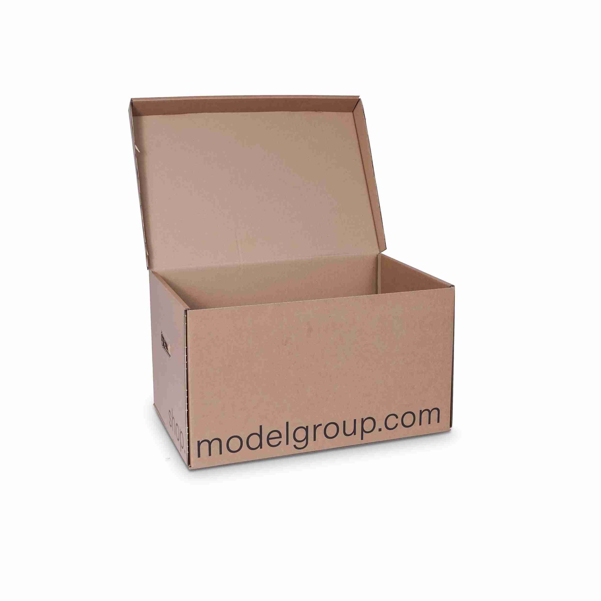 Model Versandbox – 518 × 350 × 295 mm, braun, Grifflöcher, Automatikboden, Klappdeckel – 1 Stk., ab 100 Stk.