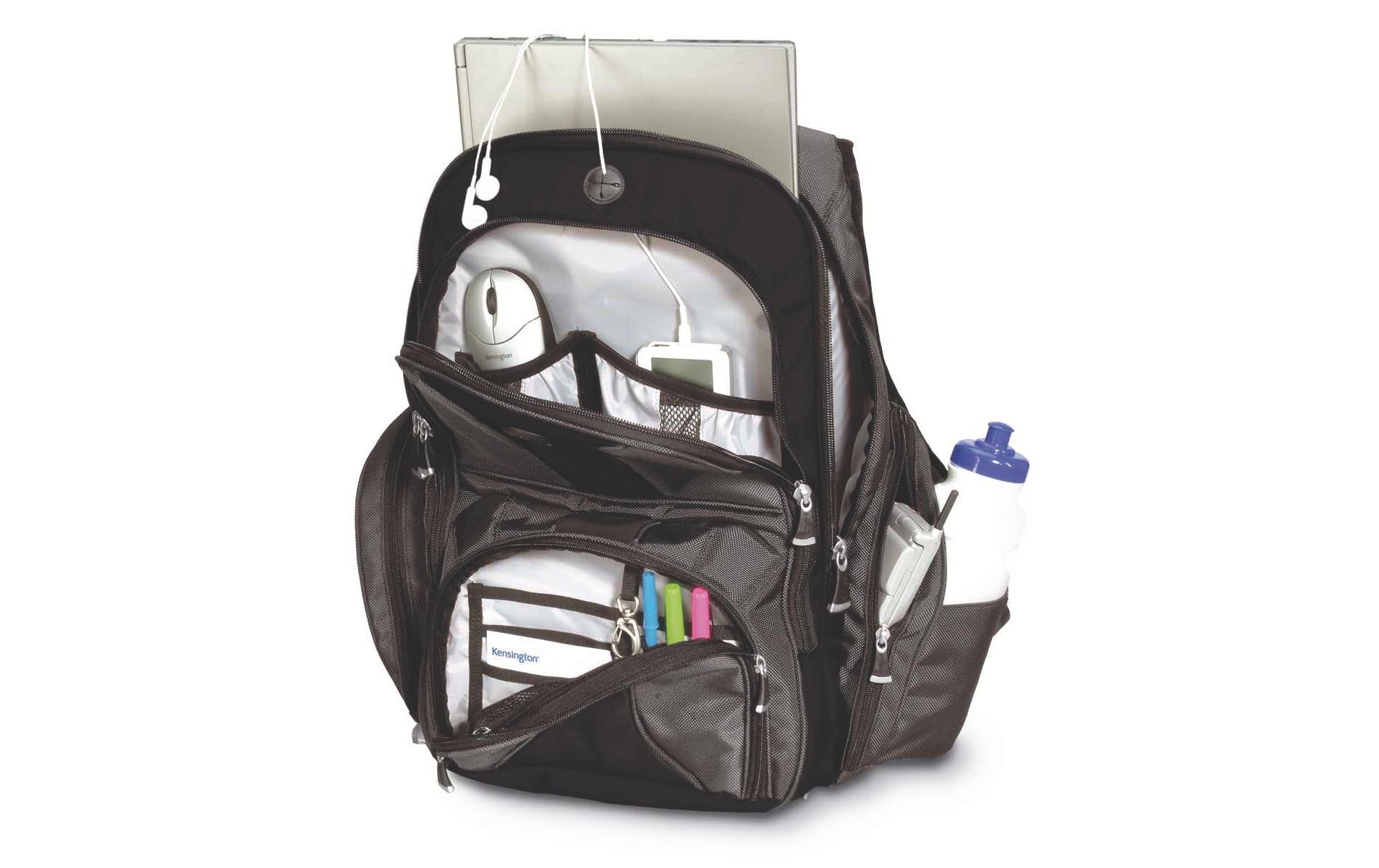 Kensington Notebook-Rucksack Contour – für 16", mit Flaschenhalter, Polyester – Schwarz, 500 × 360 × 220 mm