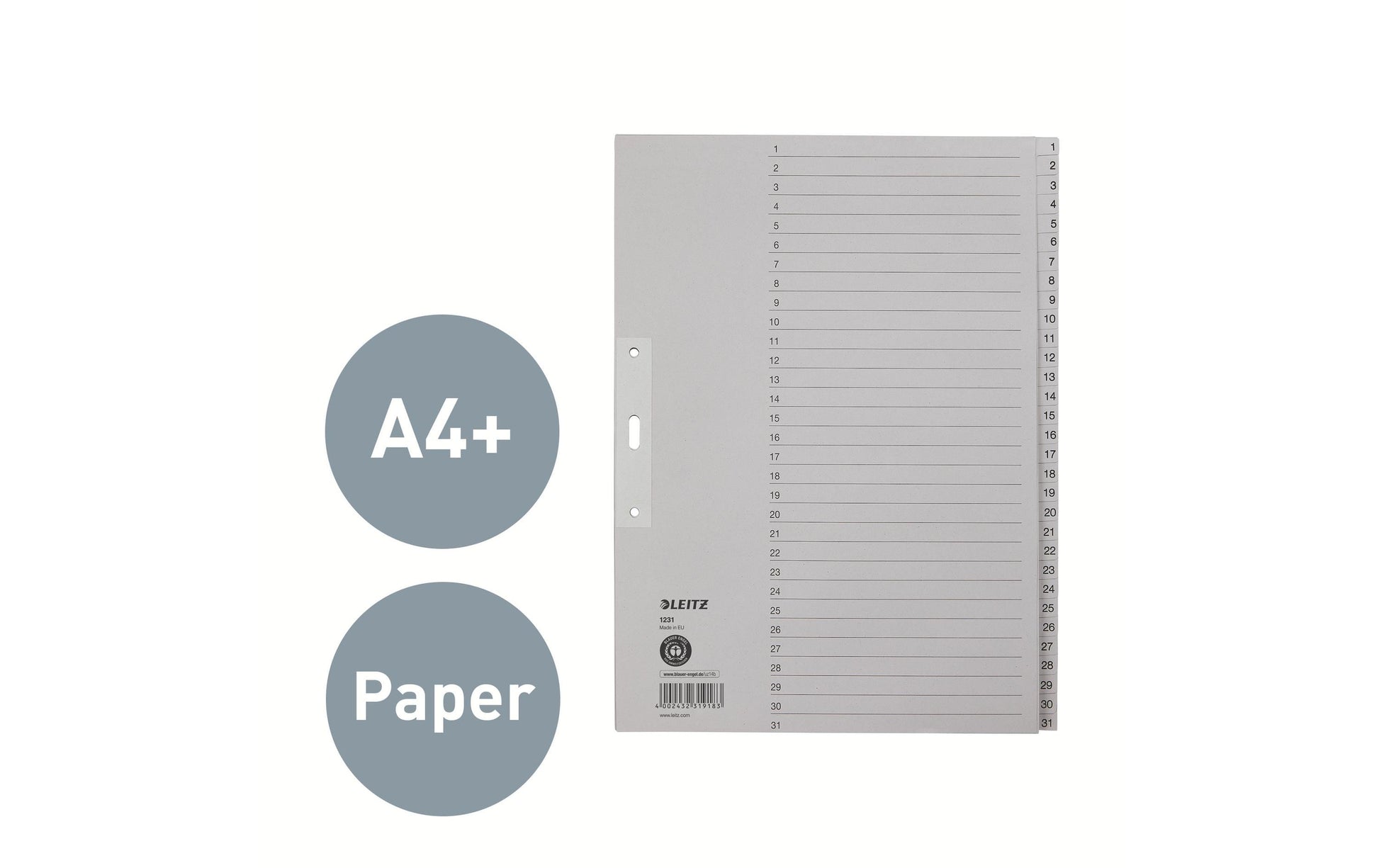 Leitz Register A4 – nummeriert 1–31, 31 Taben, graues Papier, lochverstärktes erstes Blatt