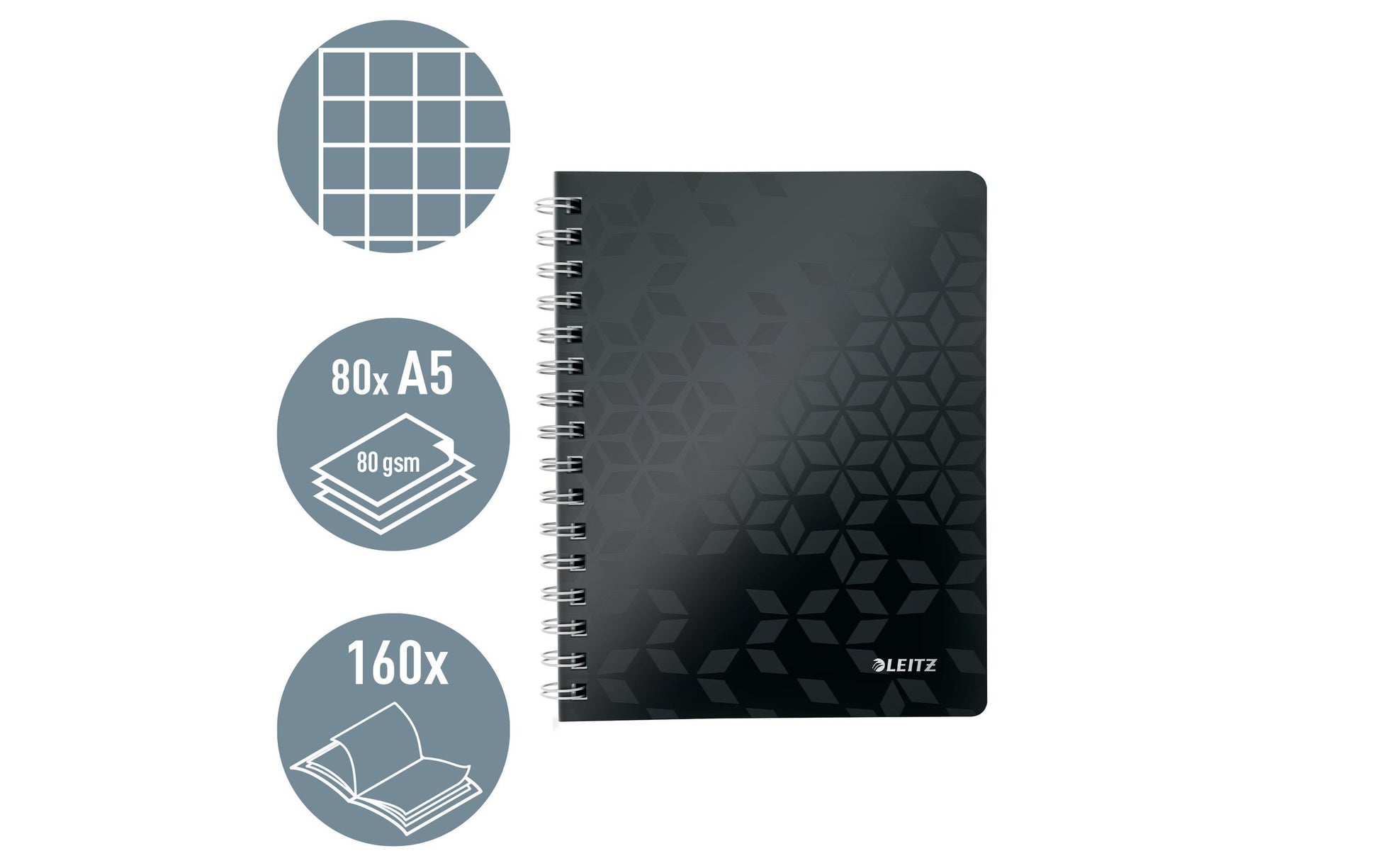 Leitz Collegeblock – A5 – 80 g/m² – Doppelspirale, mikroperforiert, Sichthülle, Stiftschlaufe, schwarz, FSC