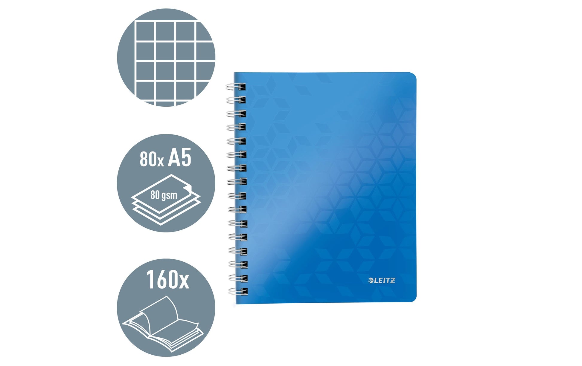 Leitz Collegeblock – A5 – 80 Blatt – 80 g/m² – Doppelspirale, Einstecktasche, Stiftschlaufe, Blau, FSC